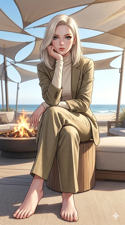 score_9, masterpiece, best quality, ultra-detailed, high-budget anime keyframe, editorial fashion photography, tasteful artistic composition, Caucasian woman, strictly human ears. low angle full-body shot from head to toe showing her feet, filling th