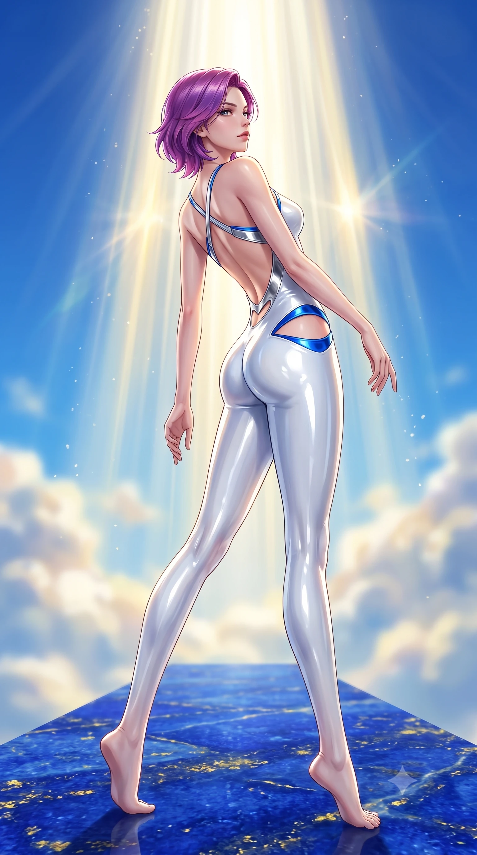 score_9, masterpiece, best quality, ultra-detailed, high-budget anime keyframe, semi-realistic 3D game render, editorial fashion photography, tasteful artistic composition, Caucasian woman. low angle full-body shot from head to toe showing her feet, filling the entire 9:16 vertical frame with her statuesque presence, stretching her vertical silhouette. arching her back in a fluid zero-gravity turn with sovereign grace, her long slender legs and sculpted torso creating a sweeping line while striding commanding down a royal blue lapis lazuli runway suspended in the open sky under a vertical pillar of sunlight. The composition keeps background elements in soft focus with creamy bokeh. bright high-altitude sunrays scattering radiant light curtains across a breathtaking sky backdrop. She has an absolutely perfect, statuesque 8.5-heads proportion, an exceptionally tall and slender model-like female figure with impossibly long slender legs, a toned flat midriff, and an ultra-slim waist. sharp v-shaped jawline, high-bridge nose, intricate jewel-like eyes with depth, thick eyelashes, glossy lips with a natural sheen, flawlessly proportioned anatomical accuracy, strict slender model proportions, natural body alignment, perfectly sculpted long slender limbs, ultra-slim waistline, clean dynamic posture without body distortion. wearing a second-skin white liquid-mercury micro-bodysuit sculpted tightly to her slender build, featuring razor-thin metallic straps and hip cutouts in liquid electric cobalt blue and polished silver, formed from high-gloss patent material with specular light reflections, complemented by criss-cross back straps highlighting her completely bare spine, the form-contouring material adhering flawlessly to her sculpted flat midriff and slender torso, emphasizing her long leg lines and perfectly proportioned willowy build. bathed in intense vertical golden sunbursts and rich sky-blue ambient bounce light. highly saturated vibrant anime colors, detailed shading with soft gradients, rich glossy textures, high-contrast stereoscopic depth, volumetric dynamic lighting, master piece, 9:16 ratio