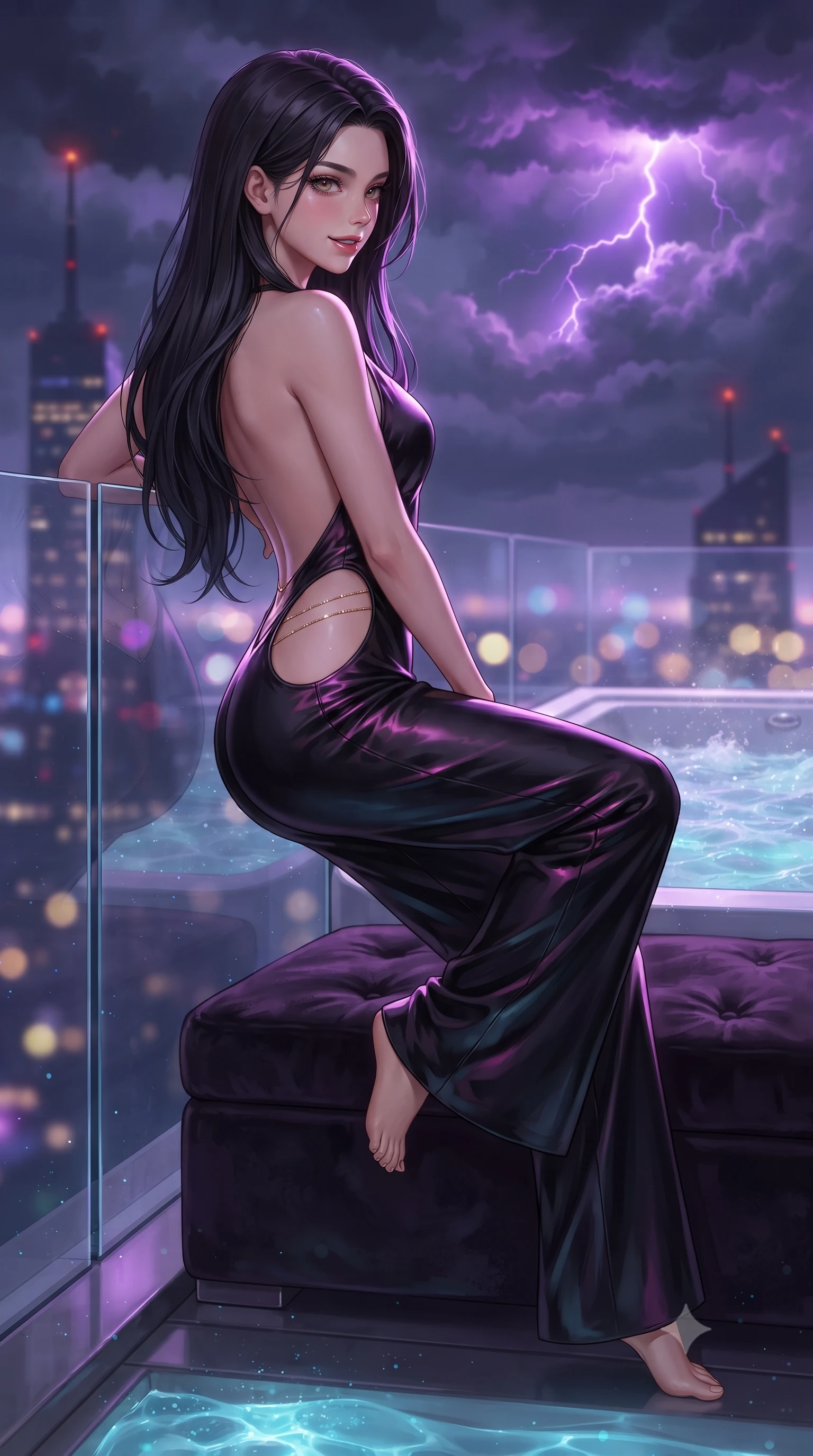 score_9, masterpiece, best quality, ultra-detailed, high-budget anime keyframe, editorial fashion photography, tasteful artistic composition, Korean woman. close-up cowboy shot from the waist and thighs up, the character dominates the composition, filling the frame with her large presence. perched sideways on the lounge seat, one knee drawn up to showcase her slender leg line while her arched back accentuates her feminine hip curve while leaning against the transparent jacuzzi wall with hips cocked back, looking over a bare shoulder toward lightning dancing in neon clouds. The background shows a soft-focus swirling storm clouds illuminated by purple lightning, distant skyscraper spire warning beacons, and bubbling water blurred into violet, sapphire, and gold bokeh. She has an exceptionally elegant, slender, and willowy female figure with an ultra-slim waist, flat toned midriff, narrow ribcage, and sculpted feminine hips creating an alluring, slim hourglass silhouette without bulk. sharp v-shaped jawline, high-bridge nose, sparkling eyes with hypnotic seductive depth, thick curled eyelashes, glossy parted lips with a natural dewy peach sheen, alluring bedroom-eyes with an enchanting coquettish smile, exuding magnetic siren charisma and sophisticated glamour, flawlessly proportioned anatomical accuracy, strict slender model proportions, natural body alignment, perfectly sculpted long slender limbs, ultra-slim waistline, clean dynamic posture without body distortion. wearing a backless plunge-front silk satin jumpsuit with fluid wide-leg silhouette and side hip cutouts in wet-look onyx black with electric magenta reflections, made of semi-opaque stretch illusion mesh with soft shadowy contours, accented with a dainty gold belly chain resting across her flat midriff and curving hips, the second-skin tailored fabric adhering flawlessly to her sculpted flat midriff and slender torso, emphasizing her long leg lines and perfectly proportioned willowy build. illuminated by tub water caustics and sharp platinum-violet rim lights defining her delicate clavicles, ultra-slim waist, and curvy hips. ultra-reflective glossy finish, specular highlights, rich textural contrasts, high-contrast stereoscopic depth, volumetric dynamic lighting, 2k, ultra detail, master piece, 9:16 ratio