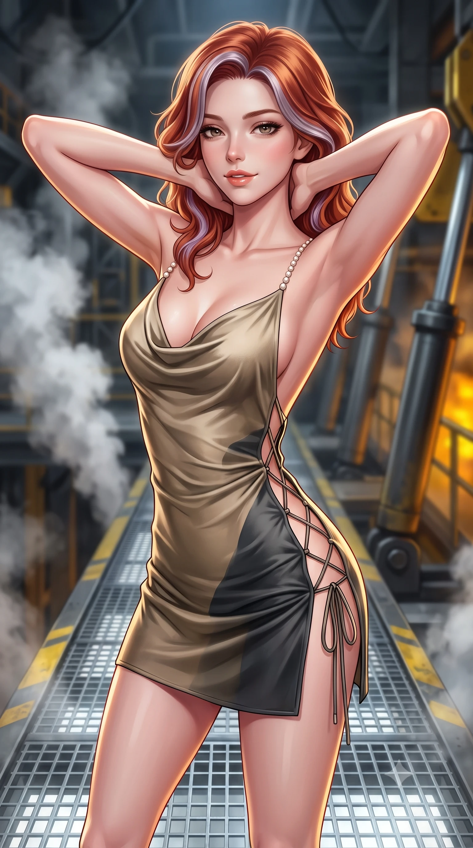 score_9, masterpiece, best quality, ultra-detailed, high-budget anime keyframe, semi-realistic 3D game render, editorial fashion photography, tasteful artistic composition, Caucasian woman. close-up cowboy shot from the waist and thighs up, the character dominates the composition, filling the frame with her large presence. resting both hands lightly behind her neck with elbows raised, arching her spine to highlight her narrow waist, flat midriff, and breathtaking collarbones while standing poised on the industrial metal grating catwalk high above the silo chasm, arching her back with breathless operative glamour. The background shows a soft-focus billowing steam clouds, massive hydraulic pistons, and glowing hazard yellow paint blurred into charcoal, sulphur, and amber bokeh. She has an exceptionally elegant, slender, and willowy female figure with an ultra-slim waist, flat toned midriff, narrow ribcage, and sculpted feminine hips creating an alluring, slim hourglass silhouette without bulk. sharp v-shaped jawline, high-bridge nose, sparkling eyes with hypnotic seductive depth, thick curled eyelashes, glossy parted lips with a natural dewy peach sheen, alluring bedroom-eyes with an enchanting coquettish smile, exuding magnetic siren charisma and sophisticated glamour, flawlessly proportioned anatomical accuracy, strict slender model proportions, natural body alignment, perfectly sculpted long slender limbs, ultra-slim waistline, clean dynamic posture without body distortion. wearing a low-cut draped cowl-back satin ballet slip mini dress with dainty pearl spaghetti straps in tactical desert sand khaki and matte carbon grey, tailored from ultra-plush velvet with rich tactile depth and deep shadow gradients, finished with fine criss-cross lace-up side ties revealing tantalizing glimpses of her hip curve, the precision-cut side openings and low-back scoop framing her graceful spine and the sensual sweep of her slim, toned hips. illuminated by steel grating reflection fill and sharp amber-gold rim lighting defining her jawline, ultra-slim waist, and curvy hips. highly saturated vibrant anime colors, detailed shading with soft gradients, rich glossy textures, high-contrast stereoscopic depth, volumetric dynamic lighting, master piece, 9:16 ratio