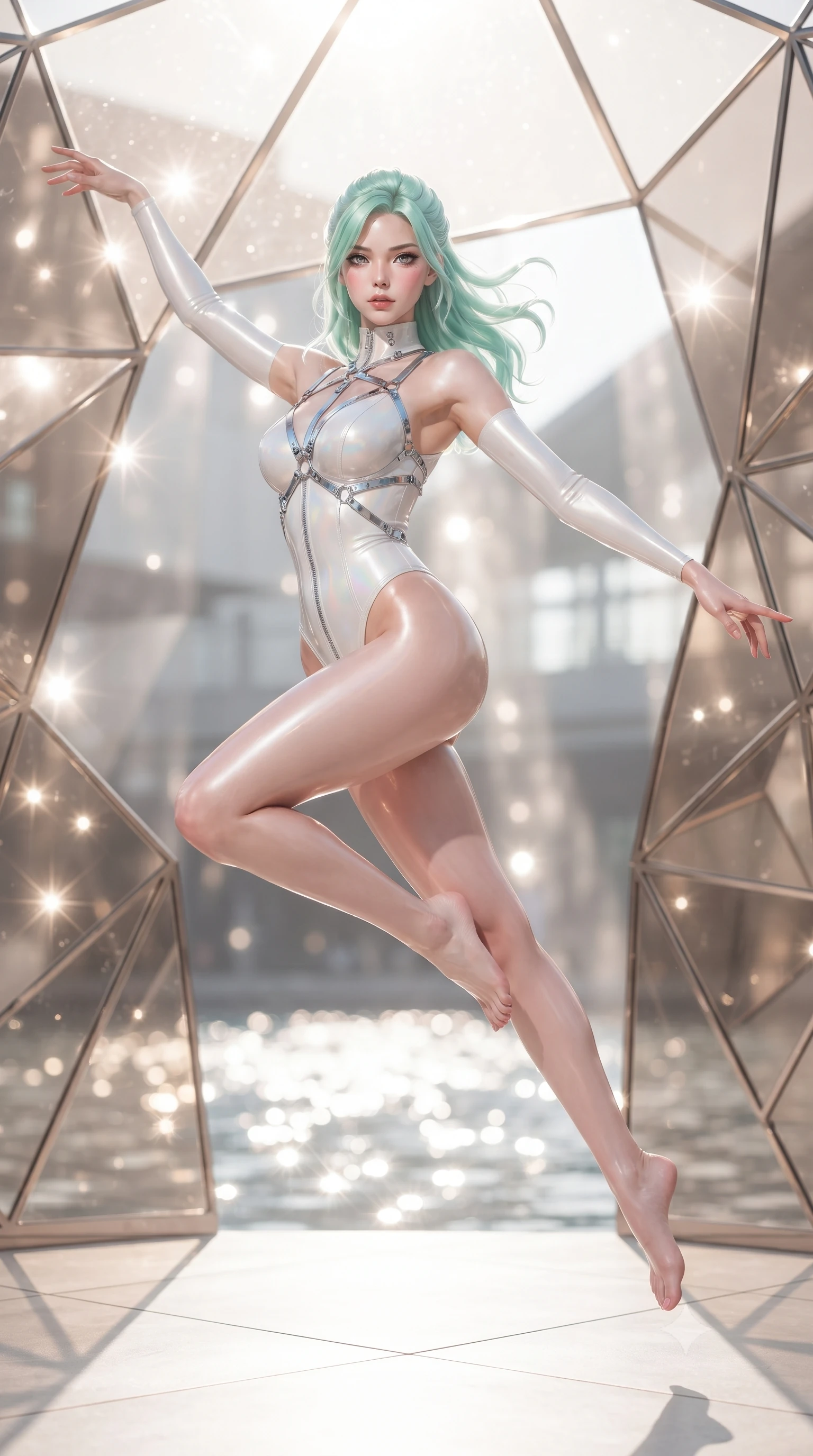 score_9, masterpiece, best quality, ultra-detailed, high-budget anime keyframe, editorial fashion photography, tasteful artistic composition, Japanese woman. low angle full-body shot from head to toe showing her feet, filling the entire 9:16 vertical frame with her statuesque presence, stretching her vertical silhouette. performing an alluring mid-air vault with flawless poise, looking directly into the camera with smoldering intensity while pivoting dynamically amidst geometric champagne-tinted glass panels reflecting sparkling sunbursts. The composition keeps background elements in soft focus with creamy bokeh. sparkling sunlight water caustics creating a soft, luminous light curtain in the background. She has an absolutely perfect, statuesque 8.5-heads proportion, an exceptionally tall and slender model-like female figure with impossibly long slender legs, a toned flat midriff, and an ultra-slim waist. sharp v-shaped jawline, high-bridge nose, intricate jewel-like eyes with depth, thick eyelashes, glossy lips with a natural sheen, flawlessly proportioned anatomical accuracy, strict slender model proportions, natural body alignment, perfectly sculpted long slender limbs, ultra-slim waistline, clean dynamic posture without body distortion. wearing a glossy white second-skin latex bodysuit with high-thigh cuts, exposed clavicle neckline, and gleaming zipper details in glistening liquid pearl white with rainbow opalescence, crafted from ultra-reflective second-skin latex with a high-gloss glass-like polish, reinforced by a sleek metallic chrome harness and delicate glowing micro-straps, the liquid-tight tailored fabric emphasizing every curve of her tall, slender model proportions and sculptured silhouette during dynamic movement. surrounded by an opulent, luminous, and enchantingly seductive contemporary pavilion ambiance. ultra-reflective glossy finish, specular highlights, metallic sheen, high-contrast stereoscopic depth, volumetric dynamic lighting, 2k, ultra detail, master piece, 9:16 ratio