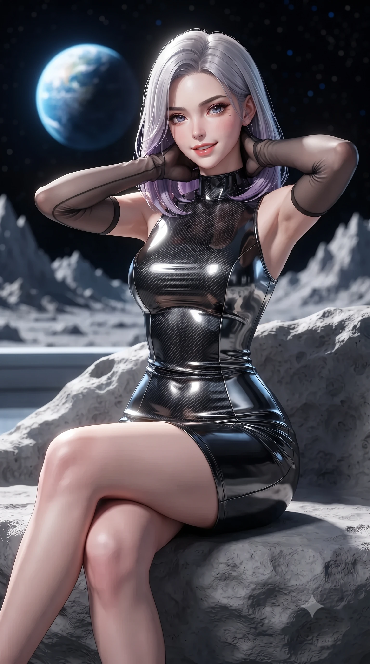 score_9, masterpiece, best quality, ultra-detailed, high-budget anime keyframe, editorial fashion photography, tasteful artistic composition, Caucasian woman. close-up cowboy shot from the waist and thighs up, the character dominates the composition, filling the frame with her large presence. resting both hands lightly behind her neck with elbows raised, arching her spine to highlight her narrow waist, flat midriff, and breathtaking collarbones while sitting gracefully on the sculpted moon-rock bench with legs crossed, flashing an enchanting smile with parted glossy lips. The background shows a soft-focus jagged lunar peaks casting razor-sharp black shadows, glowing blue Earthrise in the starry black void, and dome structural nodes blurred into cobalt, diamond, and onyx bokeh. She has an exceptionally elegant, slender, and willowy female figure with an ultra-slim waist, flat toned midriff, narrow ribcage, and sculpted feminine hips creating an alluring, slim hourglass silhouette without bulk. sharp v-shaped jawline, high-bridge nose, intricate jewel-like sparkling eyes with depth, thick eyelashes, glossy parted lips with a natural peach sheen, bright cheerful beaming smile with an enchanting and coquettish sensual glint, exuding both youthful cute charm and seductive allure, flawlessly proportioned anatomical accuracy, strict slender model proportions, natural body alignment, perfectly sculpted long slender limbs, ultra-slim waistline, clean dynamic posture without body distortion. wearing an ultra-sleek high-gloss patent leather sheath dress contouring her ultra-slim waistline and feminine hips in matte carbon fiber black and polished chrome, tailored from high-gloss patent leather with mirror-like specular highlights, complemented by sheer opera-length evening gloves tracing her slender arms, the bespoke structured tailoring following the natural line of her 8.5-heads silhouette with refined elegance. illuminated by basalt tile reflection bounce and sharp Earth-blue rim lights sculpting her jawline, narrow waist, and curvy hips. ultra-reflective glossy finish, specular highlights, rich textural contrasts, high-contrast stereoscopic depth, volumetric dynamic lighting, 2k, ultra detail, master piece, 9:16 ratio