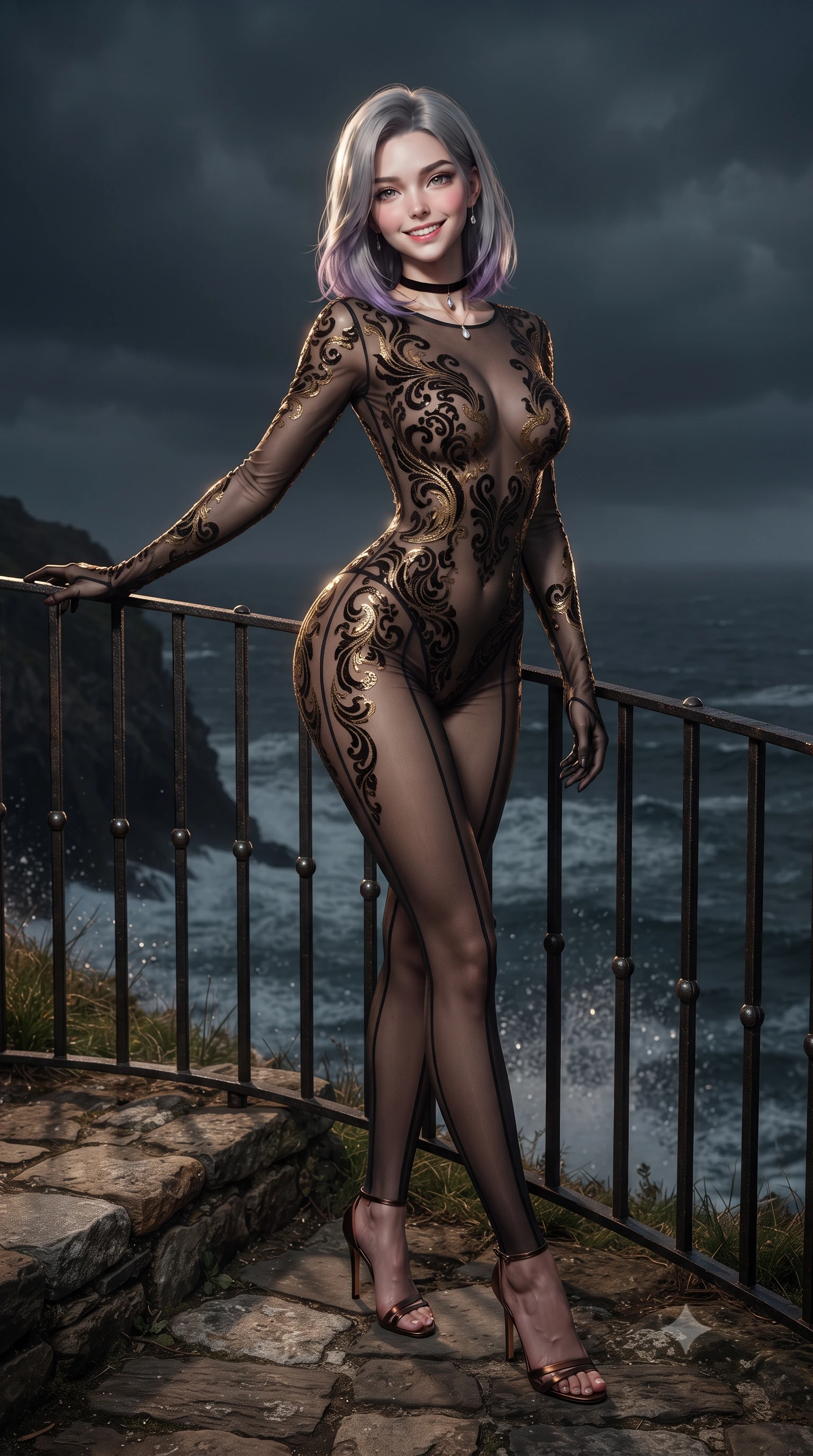 score_9, masterpiece, best quality, ultra-detailed, high-budget anime keyframe, editorial fashion photography, tasteful artistic composition, Caucasian woman. low angle full-body shot from head to toe showing her feet, filling the entire 9:16 vertical frame with her statuesque presence, stretching her vertical silhouette. stepping forward in a confident stride, her long slender legs and curvaceous hips creating a dynamic, sweeping vertical line while leaning against the hand-forged iron railing with hips cocked back, casting an intoxicating smoldering bedroom-gaze over the stormy dark sea. The surrounding environment is rendered in vivid detail and crisp panoramic clarity: sharp weathered fieldstone masonry mortar joints, hand-forged rivet heads on iron railings, and sea spray droplets in deep focus. She has an exceptionally tall and slender model-like 8.5-heads proportion, an ultra-slim waist, a flat toned midriff, narrow delicate ribcage, and beautifully sculpted feminine hips creating a graceful, slim hourglass silhouette without any bulky heaviness, with impossibly long slender legs. sharp v-shaped jawline, high-bridge nose, intricate jewel-like sparkling eyes with depth, thick eyelashes, glossy parted lips with a natural peach sheen, bright cheerful beaming smile with an enchanting and coquettish sensual glint, exuding both youthful cute charm and seductive allure, flawlessly proportioned anatomical accuracy, strict slender model proportions, natural body alignment, perfectly sculpted long slender limbs, ultra-slim waistline, clean dynamic posture without body distortion. wearing an ultra-daring sheer illusion tulle bodysuit with liquid bronze arabesque flocking tracing her hourglass contours in Shanghai noir black and imperial 24k gold, woven from fine semi-opaque stretch illusion mesh tracing her slender contours, finished with a thin velvet ribbon choker and a single teardrop diamond pendant, the glove-like clinging cut tightly following the natural contour of her hips and long slender legs with youthful 8.5-heads elegance. illuminated by sea foam specular reflections and sharp flame-gold rim lights defining her razor-sharp jawline, narrow waist, and curvy hips. ultra-reflective glossy finish, specular highlights, rich textural contrasts, high-contrast stereoscopic depth, volumetric dynamic lighting, 2k, ultra detail, master piece, 9:16 ratio