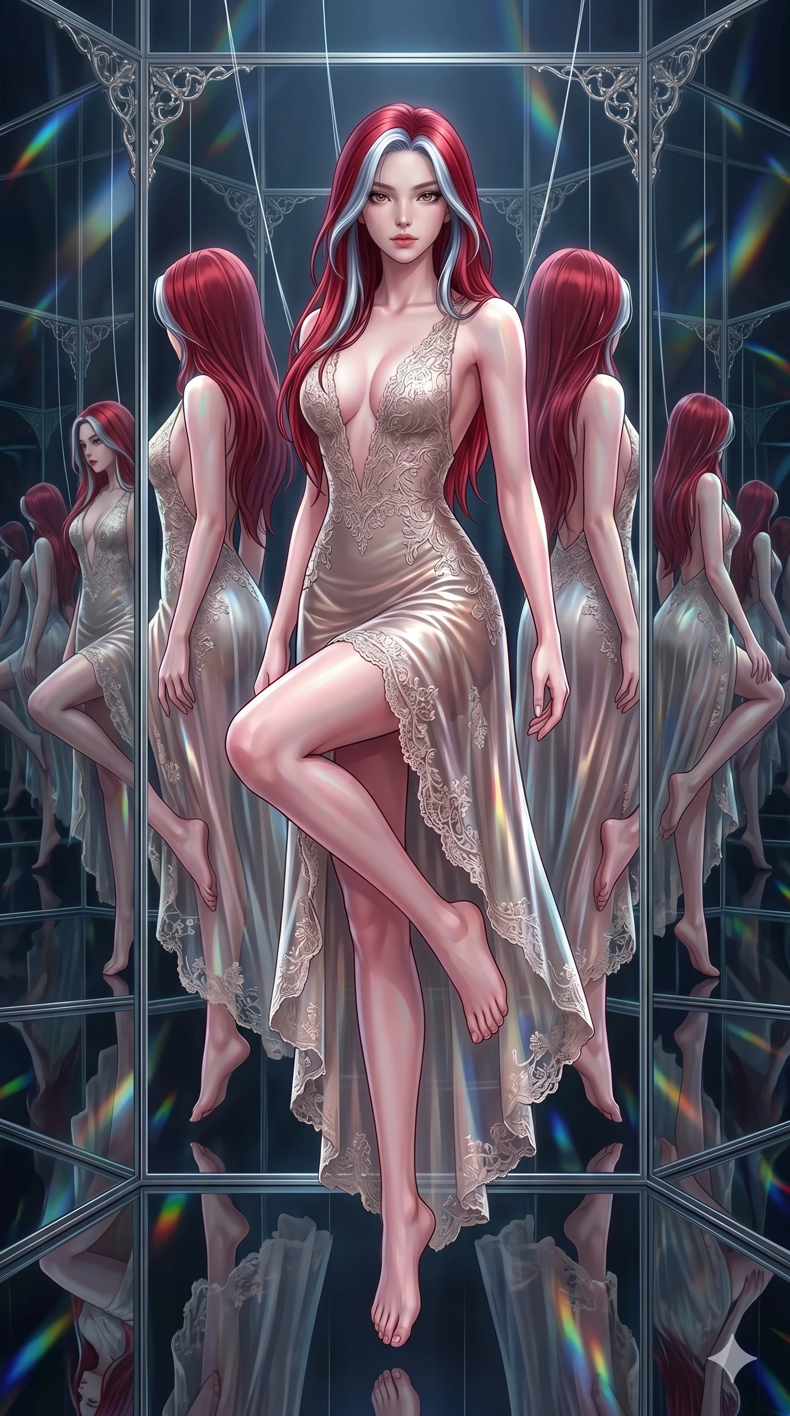score_9, masterpiece, best quality, ultra-detailed, High-budget Anime Keyframe, East Asian woman. Dynamic full-body shot stretching the vertical silhouette to the limit. Scenario 56: Suspended by invisible silk threads in a hall of mirrors. Her presence is magnetic and overpowering in this high-budget anime scene. Outfit 56: A molten liquid silk mesh with a plunging V-neckline and delicate lace embroidery. The clothing is designed to emphasize her exceptionally tall and slender 8-heads proportion. 8-heads proportion, towering silhouette, ultra-slim waist. sharp v-shaped jawline, intricate jewel-like eyes with depth, thick eyelashes, glossy lips. 2k, ultra detail, master piece, 9:16 ratio