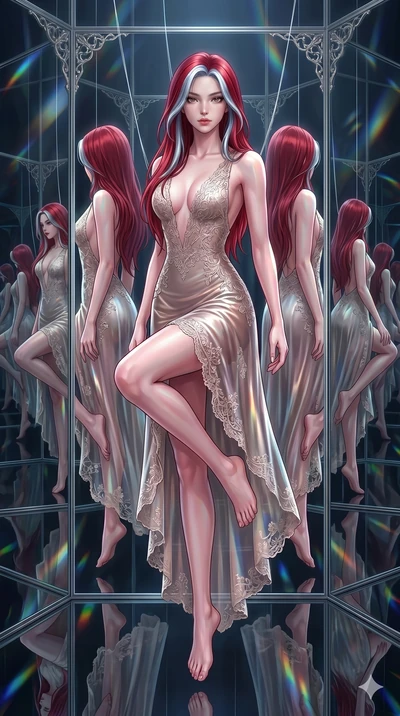 score_9, masterpiece, best quality, ultra-detailed, High-budget Anime Keyframe, East Asian woman. Dynamic full-body shot stretching the vertical silhouette to the limit. Scenario 56: Suspended by invisible silk threads in a hall of mirrors. Her prese