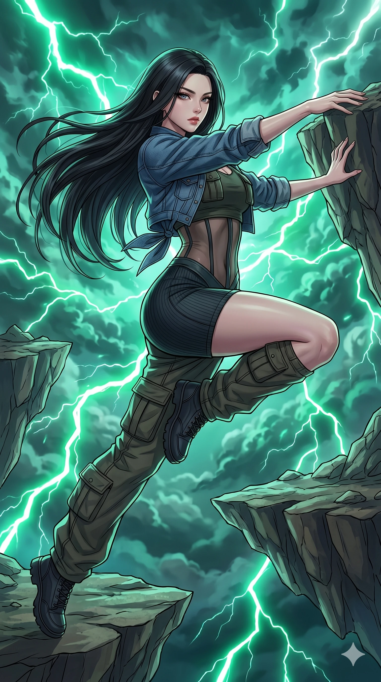 score_9, masterpiece, best quality, ultra-detailed, high-budget anime movie keyframe, cinematic anime lighting, intricate line art, Korean woman. Dynamic full-body shot stretching the vertical silhouette with extreme perspective. leaping between floating islands in a storm of emerald lightning. She has an absolutely perfect 8-heads proportion, an exceptionally tall and slender female figure with an ultra-slim waist and impossibly long slender legs. strictly human anatomy, two legs only, no extra limbs, clearly defined legs and arms, perfect anatomy, perfect hands and fingers. sharp v-shaped jawline, high-bridge nose, intricate jewel-like eyes, thick eyelashes, glossy lips. Wearing Urban Trendsetter: Ribbed bodycon dress, crop top with high-waist denim, and sheer corset with cargo pants. The scene is illuminated by dramatic atmospheric lighting and vibrant color palettes. , 2k, ultra detail, master piece, 9:16 ratio