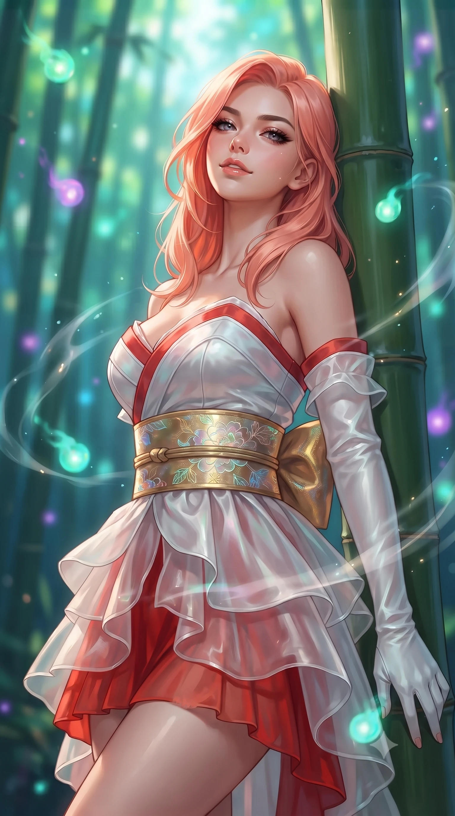 score_9, masterpiece, best quality, ultra-detailed, high-budget anime keyframe, editorial fashion photography, tasteful artistic composition, Japanese woman. close-up cowboy shot from the waist and thighs up, the character dominates the composition, filling the frame with her large presence. tilting her chin up with proud, sovereign confidence while gazing directly into the lens with thick, dark eyelashes while resting against a smooth bamboo trunk with a playful, enigmatic smile as spirit wisps illuminate her lovely face. The composition keeps background elements in soft focus with creamy bokeh. towering bamboo groves and floating spirit orbs blurred into luminous emerald, cyan, and amethyst bokeh. She has an exceptionally elegant, slender, and willowy female figure with an ultra-slim waist, a gracefully sculpted slender torso, toned flat midriff, and a refined slim silhouette. sharp v-shaped jawline, high-bridge nose, intricate jewel-like eyes with depth, thick eyelashes, glossy lips with a natural sheen, captivating and magnetic expression, flawlessly proportioned anatomical accuracy, strict slender model proportions, natural body alignment, perfectly sculpted long slender limbs, ultra-slim waistline, clean dynamic posture without body distortion. wearing a jade-inlaid silk bustier dress with multi-tiered translucent organza train and metallic sash in pure snow white and vermilion red, tailored from traditional lustrous satin with delicate hand-stitched borders, complemented by a wide metallic gold obi sash with holographic floral embroidery, the glove-like aerodynamic second-skin fit tightly clinging to her ultra-slender waist and athletic curves without adding bulk, accentuating her razor-sharp statuesque lines and slim hourglass silhouette. surrounded by an enchanting, mysterious, and captivating oriental spirit sorceress aura. ultra-reflective glossy finish, specular highlights, rich textural contrasts, high-contrast stereoscopic depth, volumetric dynamic lighting, 2k, ultra detail, master piece, 9:16 ratio