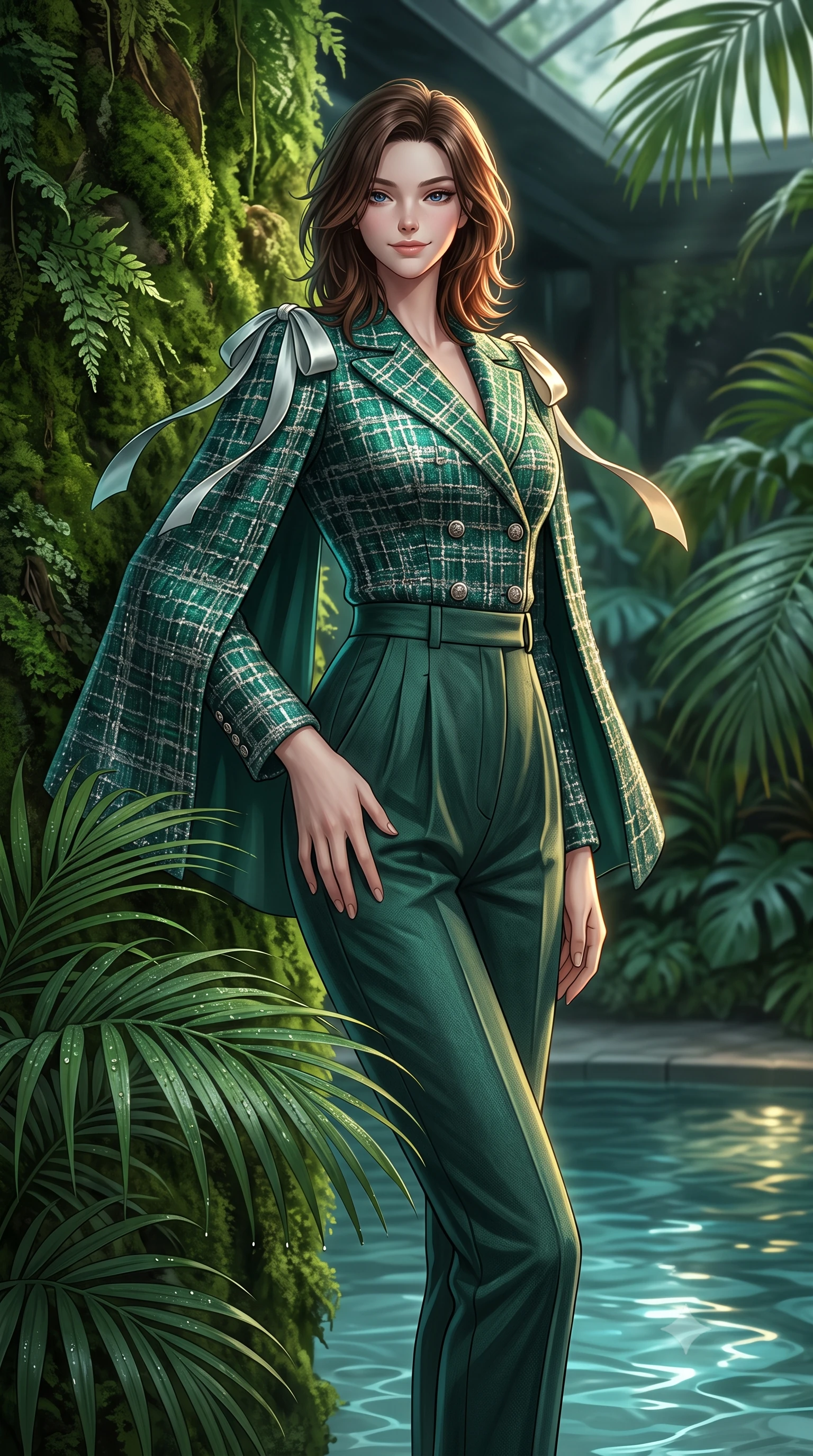score_9, masterpiece, best quality, ultra-detailed, high-budget anime keyframe, editorial fashion photography, tasteful artistic composition, Korean woman. close-up cowboy shot from the waist and thighs up, the character dominates the composition, filling the frame with her large presence. tilting her head with a teasing half-smile, running one hand slowly down the side of her hip in a flirtatious S-curve as ambient light caresses her silhouette while leaning against the lush vertical moss wall with hips cocked back, looking through dewy tropical palms with heavy-lidded bedroom-eyes. The surrounding environment is rendered in vivid detail and crisp panoramic clarity: detailed garment cut, bodycon cling, and eco-luxury architectural craft in high resolution. She has an exceptionally elegant, slender, and willowy female figure with an ultra-slim waist, flat toned midriff, narrow ribcage, and sculpted feminine hips creating an alluring, slim hourglass silhouette without bulk. sharp v-shaped jawline, high-bridge nose, intricate jewel-like sparkling eyes with depth, thick eyelashes, glossy parted lips with a natural peach sheen, bright cheerful beaming smile with an enchanting and coquettish sensual glint, exuding both youthful cute charm and seductive allure, flawlessly proportioned anatomical accuracy, strict slender model proportions, natural body alignment, perfectly sculpted long slender limbs, ultra-slim waistline, clean dynamic posture without body distortion. wearing a tailored Andalusian equestrian double-breasted tweed cape blazer paired with pleated wool trousers in Art Nouveau malachite green and antique starlight silver, woven from structured British tweed with subtle metallic flecks, finished with satin ribbon ties at the shoulders fluttering in the gentle breeze, the bespoke structured tailoring following the natural line of her 8.5-heads silhouette with refined elegance. illuminated by mineral pool specular bounce and sharp gold-cyan dual rim lights sculpting her jawline, narrow waist, and curvy hips. ultra-reflective glossy finish, specular highlights, rich textural contrasts, high-contrast stereoscopic depth, volumetric dynamic lighting, 2k, ultra detail, master piece, 9:16 ratio