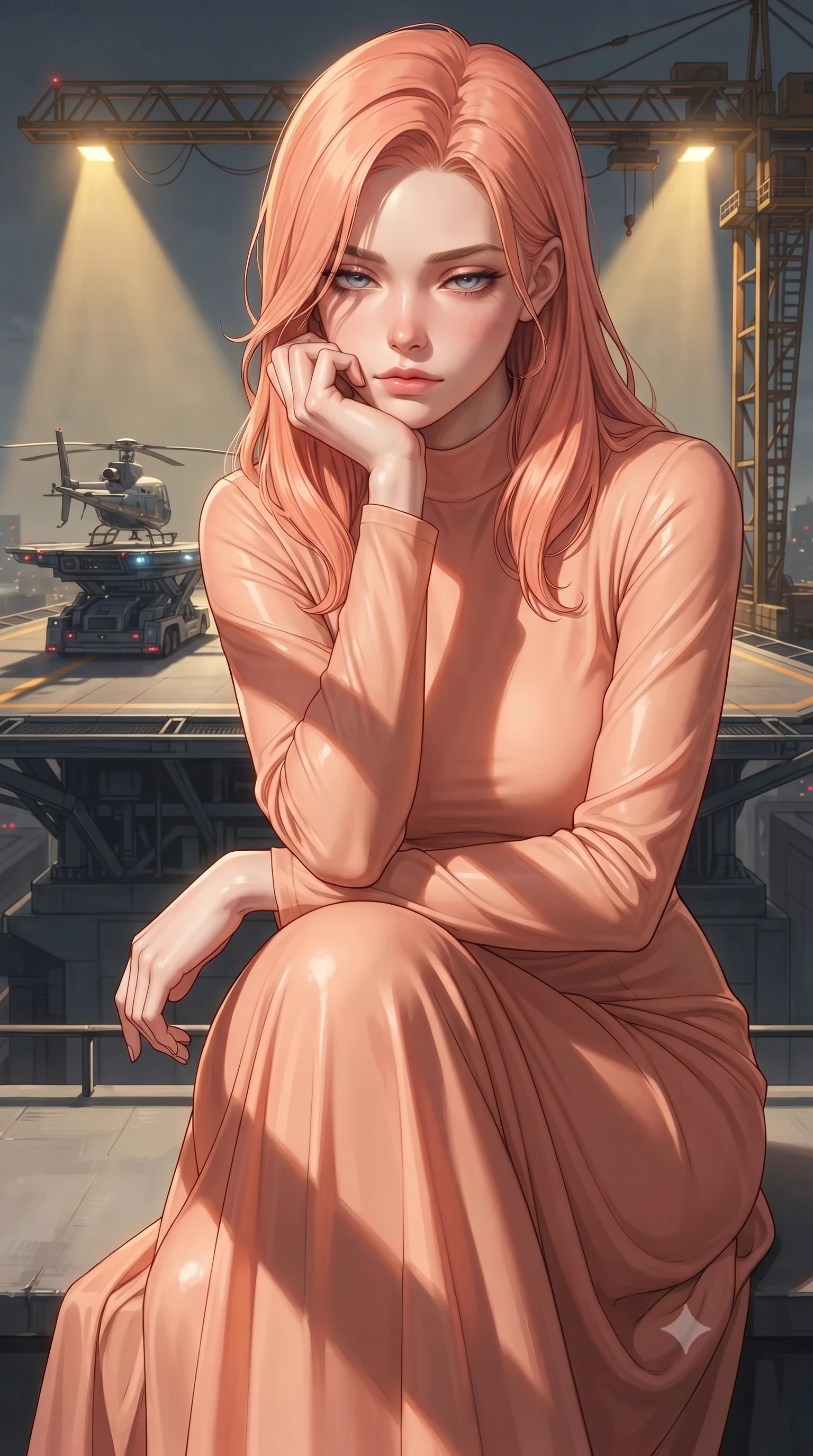 score_9, masterpiece, best quality, ultra-detailed, high-budget anime keyframe, editorial fashion photography, tasteful artistic composition, Japanese woman. close-up cowboy shot from the waist and thighs up, the character dominates the composition, filling the frame with her large presence, background elements kept in soft focus. resting her chin on the backs of her fingers, casting a heavy-lidded, sultry look past the camera the background shows a soft-focus a futuristic vehicle elevator transporting a helicopter to a rooftop runway. She has an exceptionally elegant, slender, and willowy female figure with an ultra-slim waist, a gracefully sculpted slender torso, and a refined silhouette. sharp v-shaped jawline, high-bridge nose, intricate jewel-like eyes with depth, thick eyelashes, glossy lips with a natural sheen. wearing a form-contouring flowy peach-colored chiffon lounge gown with long sleeves and a modest high collar. harsh sodium yellow spotlights casting long dramatic industrial shadows. ultra-reflective glossy finish, specular highlights, metallic sheen, high-contrast stereoscopic depth, volumetric dynamic lighting, 2k, ultra detail, master piece, 9:16 ratio