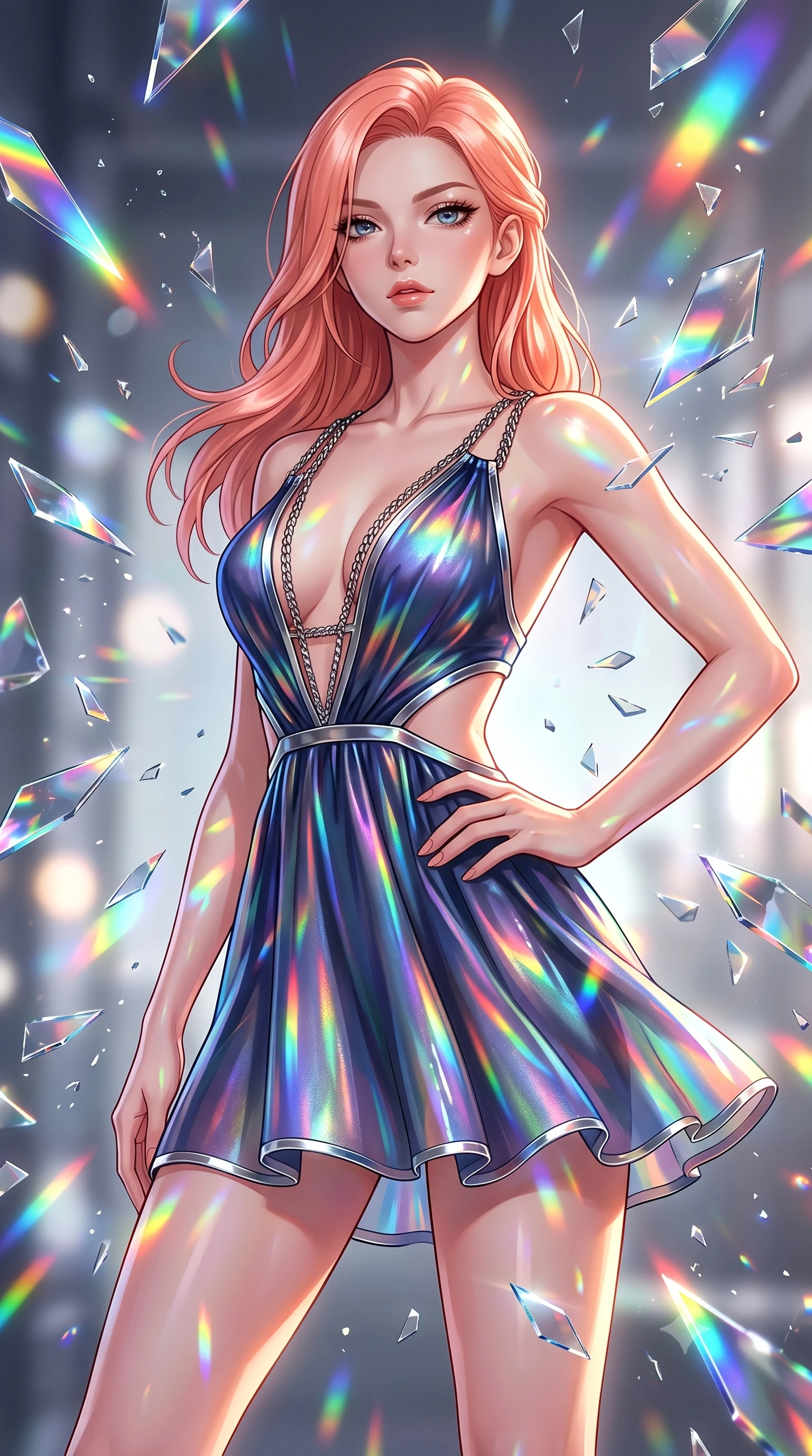 score_9, masterpiece, best quality, ultra-detailed, high-budget anime keyframe, editorial fashion photography, tasteful artistic composition, Japanese woman. close-up cowboy shot from the waist and thighs up, the character dominates the composition, filling the frame with her large presence, background elements kept in soft focus. Holding a powerful dynamic pose with one hand on her hip and body angled dramatically toward the key light while poised in a dynamic low-angle stance as shattered mirror shards freeze around her, shattered mirror shards scattering brilliant rainbow reflections everywhere. She has an exceptionally elegant, slender, and willowy female figure with an ultra-slim waist, a gracefully sculpted slender torso, and a refined silhouette. sharp v-shaped jawline, high-bridge nose, intricate jewel-like eyes with depth, thick eyelashes, glossy lips with a natural sheen, flawlessly proportioned anatomical accuracy, natural body alignment, perfectly sculpted elegant limbs, clean dynamic posture without body distortion. wearing a liquid mercury gloss mini dress with ultra-deep V-neck and waist cutouts in midnight navy blue and chrome trim, crafted from iridescent chiffon that shifts colors in the light, adorned with delicate metallic chain straps along the neckline, the tailored fabric tightly following every curve of her athletic build. bathed in brilliant multi-color rainbow light refracting through mirror fragments. highly saturated vibrant anime colors, detailed shading with soft gradients, rich glossy textures, high-contrast stereoscopic depth, volumetric dynamic lighting, master piece, 9:16 ratio