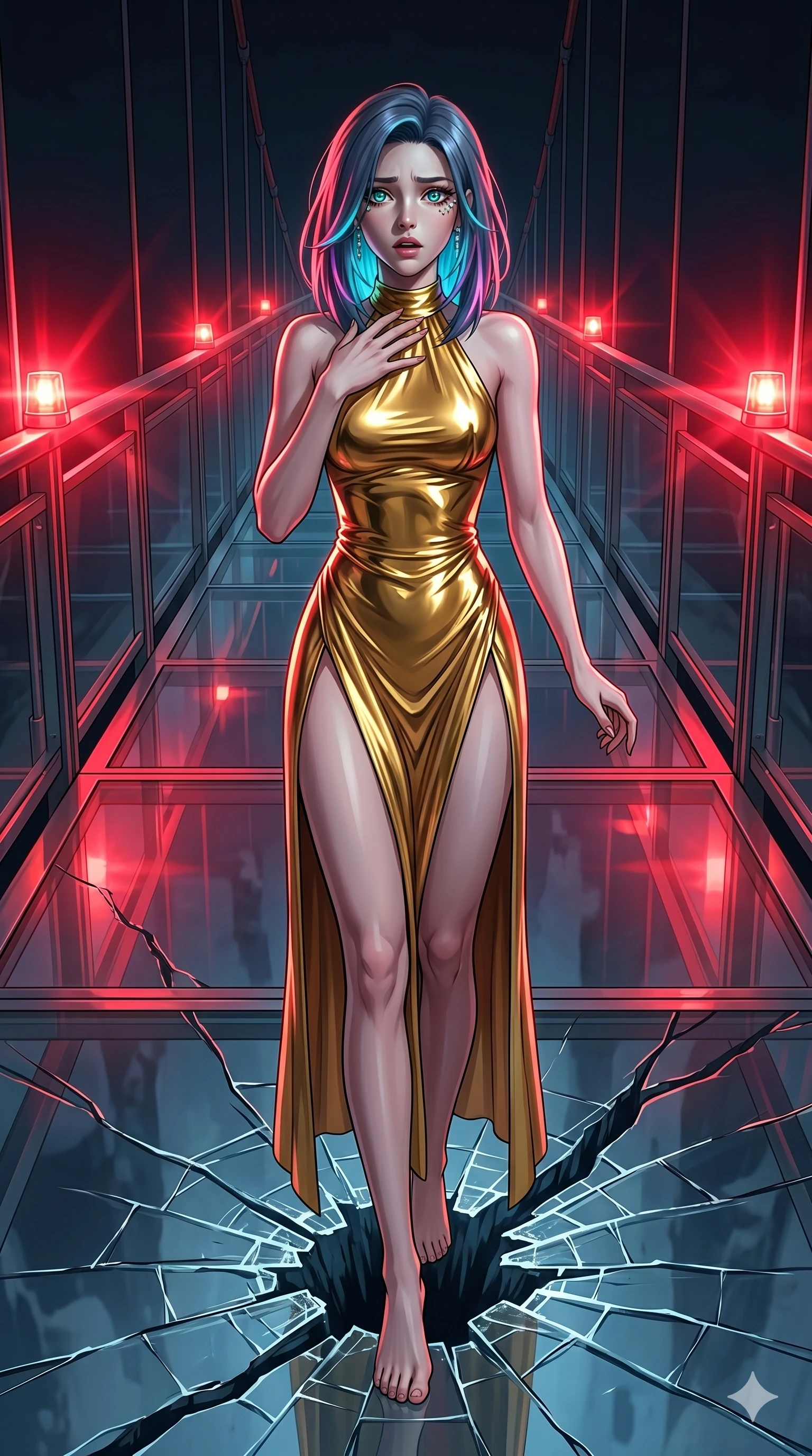 score_9, masterpiece, best quality, ultra-detailed, high-budget anime keyframe, editorial fashion photography, tasteful artistic composition, Caucasian woman, strictly human ears. cowboy shot from the thighs up, character and outfit filling the frame for maximum editorial presence. flinching back slightly, her hand raised to her collarbone in a gesture of sudden alarm on a glass suspension bridge as a sudden crack spreads beneath her feet (Scenario Code U-42). She has an absolutely perfect 8-heads proportion, an exceptionally tall and slender female figure with impossibly long slender legs and an ultra-slim waist. V-shaped jawline, high-bridge nose, intricate jewel-like eyes with depth, thick eyelashes, glossy lips with a natural sheen. wearing a liquid gold halter-neck dress with a dangerously high front slit, highlighting her legs. bathed in rapidly flashing red warning strobe lights, creating high-contrast shadows. 2k, ultra detail, master piece, 9:16 ratio