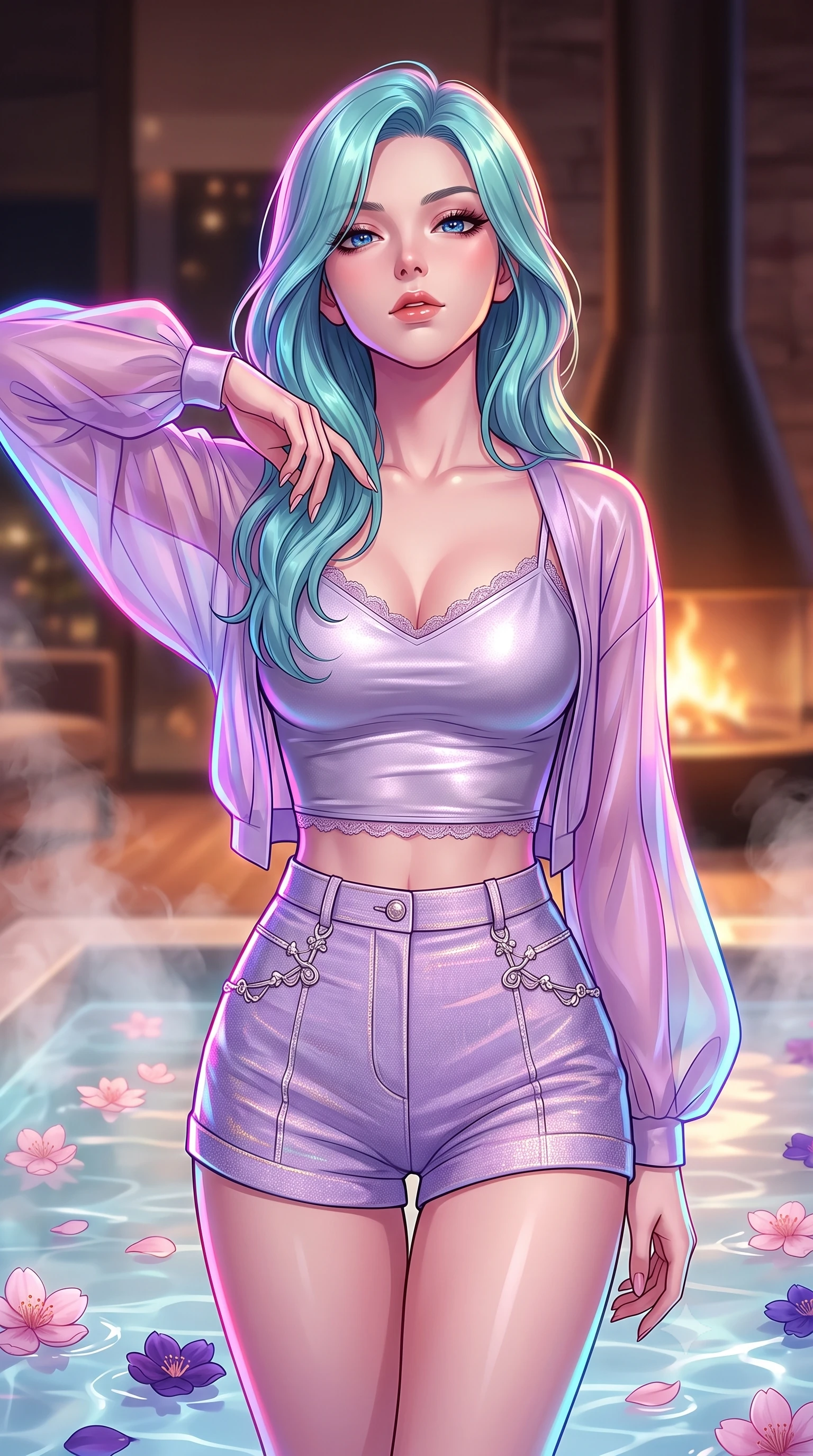 score_9, masterpiece, best quality, ultra-detailed, high-budget anime keyframe, editorial fashion photography, tasteful artistic composition, Japanese woman. close-up cowboy shot from the waist and thighs up, the character dominates the composition, filling the frame with her large presence, background elements kept in soft focus. tilting her chin up with a composed yet deeply enticing gaze, her eyes sparkling under the warm lighting set against a soft-focus background of inside an exclusive fireplace lounge with rising mineral steam and floating flower petals on the clear water surface. She has an exceptionally elegant, slender, and willowy female figure with an ultra-slim waist, a gracefully sculpted slender torso, and a refined silhouette. sharp v-shaped jawline, high-bridge nose, intricate jewel-like eyes with depth, thick eyelashes, glossy lips with a natural sheen. wearing slim-fit pale lavender metallic jersey delicate lace-trim crop top worn under a sheer organza cardigan with high-waist micro-shorts accented with delicate silver hardware. drenched in dramatic neon rim-lighting that traces the sleek contours of her figure. highly saturated vibrant anime colors, detailed shading with soft gradients, rich glossy textures, high-contrast stereoscopic depth, volumetric dynamic lighting, master piece, 9:16 ratio