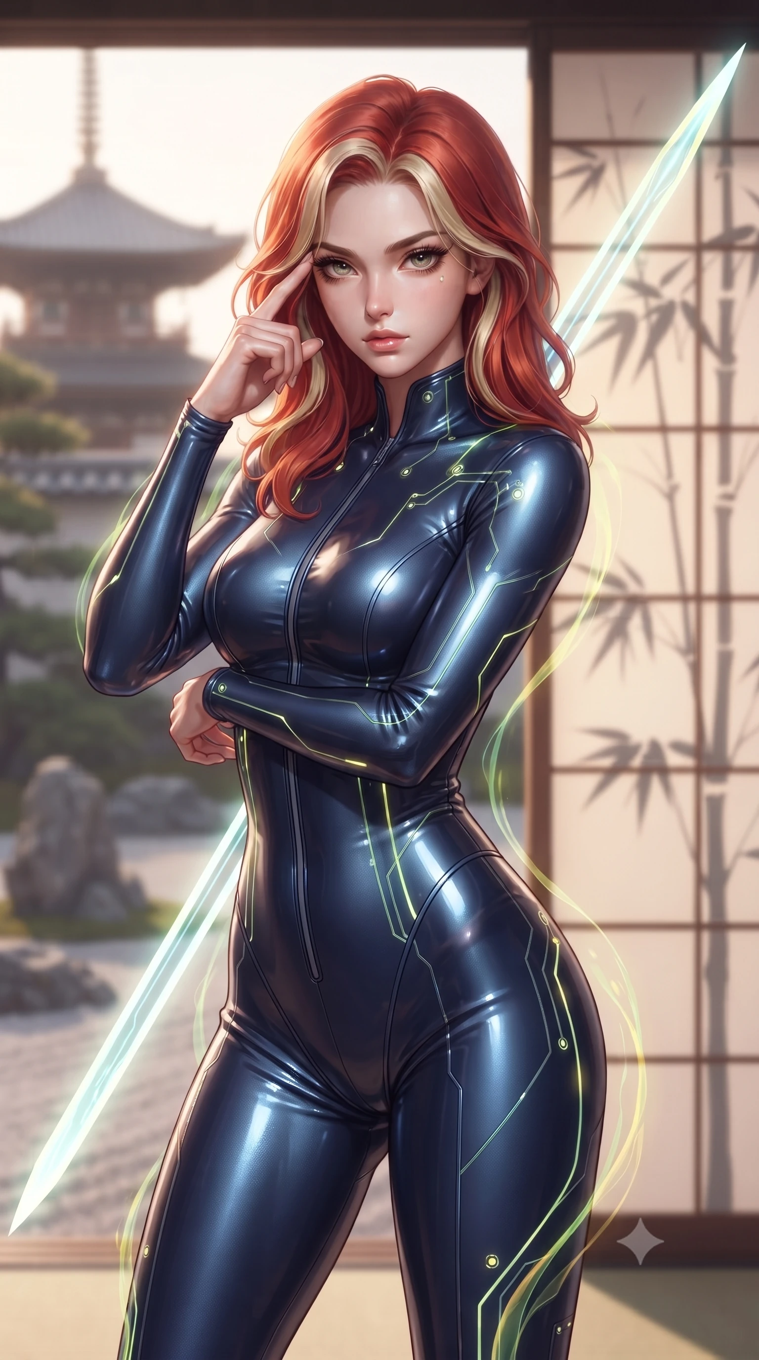 score_9, masterpiece, best quality, ultra-detailed, high-budget anime keyframe, editorial fashion photography, tasteful artistic composition, Caucasian woman. close-up cowboy shot from the waist and thighs up, the character dominates the composition, filling the frame with her large presence, background elements kept in soft focus. pressing two fingers to her temple while holding a light-spear diagonally behind her in a composed thoughtful gesture, the background shows a soft-focus a rock garden temple with paper screens showing a silhouette of bamboo. She has an exceptionally elegant, slender, and willowy female figure with an ultra-slim waist, a gracefully sculpted slender torso, and a refined silhouette. sharp v-shaped jawline, high-bridge nose, intricate jewel-like eyes with depth, thick eyelashes, glossy lips with a natural sheen. wearing a tailored body-hugging deep navy nano-texturing catsuit decorated with thin, glowing cybernetic circuitry lines. soft green and yellow digital plant light wrapping her form in an organic glow. ultra-reflective glossy finish, specular highlights, metallic sheen, high-contrast stereoscopic depth, volumetric dynamic lighting, 2k, ultra detail, master piece, 9:16 ratio