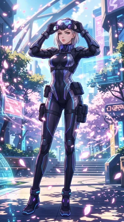score_9, masterpiece, best quality, ultra-detailed, High-budget Anime Keyframe, beautiful Caucasian anime girl (strictly human ears). Dynamic full-body shot stretching the vertical silhouette with her statuesque presence. Adjusting a glowing mechanic