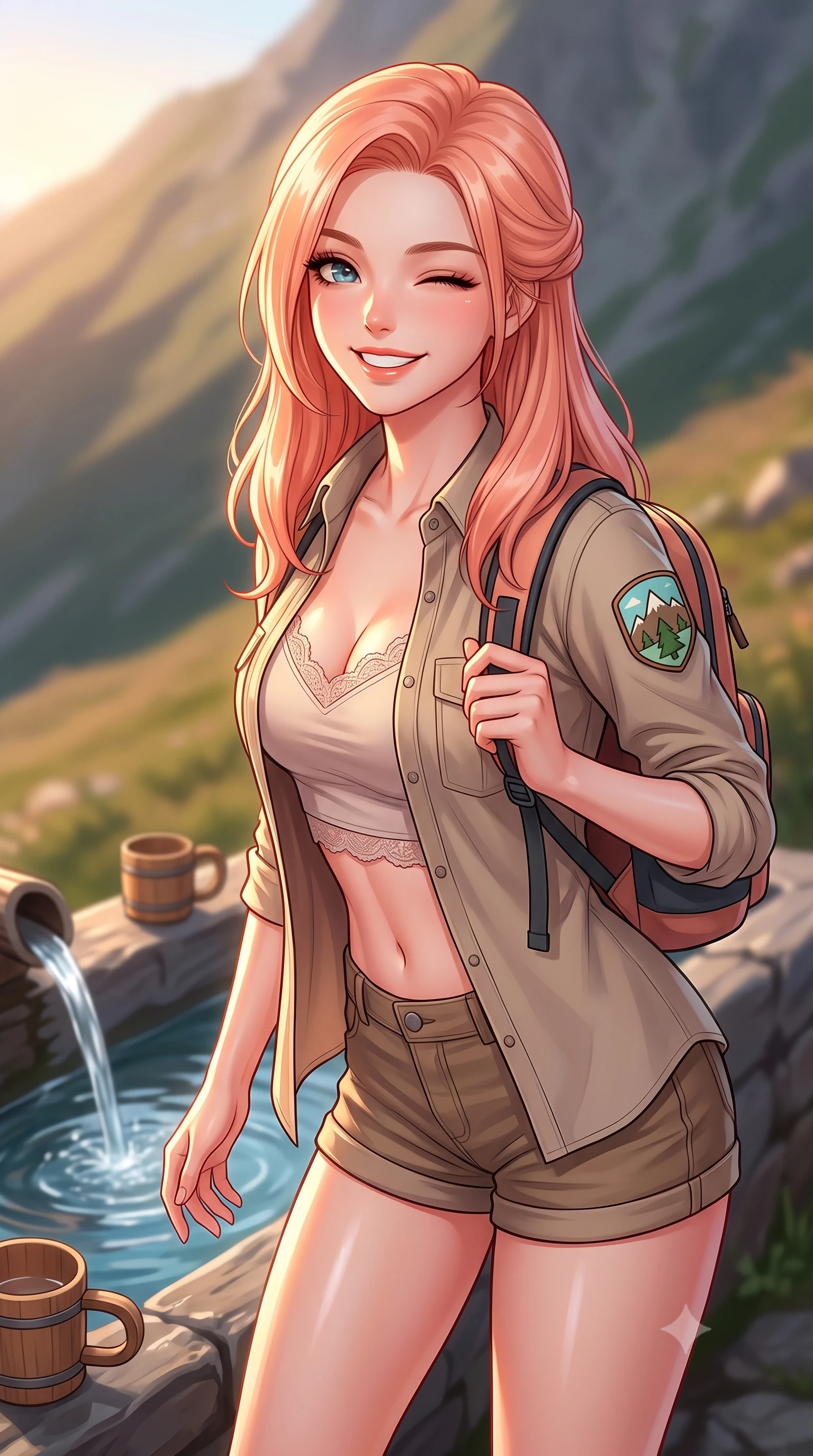 score_9, masterpiece, best quality, ultra-detailed, high-budget anime keyframe, editorial fashion photography, tasteful artistic composition, Japanese woman. close-up cowboy shot from the waist and thighs up, the character dominates the composition, filling the frame with her large presence, background elements kept in soft focus. smiling brightly with a cheerful expression, winking playfully at the viewer set against a soft-focus background of next to a mountain spring well with clear water and wooden cups carrying a small sporty backpack with a cute hiking badge. She has an exceptionally elegant, slender, and willowy female figure with an ultra-slim waist, a gracefully sculpted slender torso, and a refined silhouette. sharp v-shaped jawline, high-bridge nose, intricate jewel-like eyes with depth, thick eyelashes, glossy lips with a natural sheen. wearing tailored delicate lace-accented crop top under an open utility shirt, paired with micro-shorts. golden hour sunset light casting long shadows of mountain peaks across the slope. highly saturated vibrant anime colors, detailed shading with soft gradients, rich glossy textures, high-contrast stereoscopic depth, volumetric dynamic lighting, master piece, 9:16 ratio