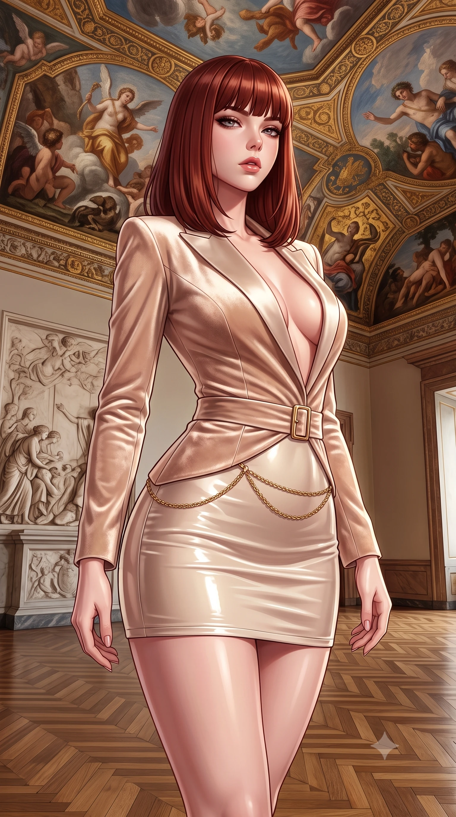 score_9, masterpiece, best quality, ultra-detailed, high-budget anime keyframe, semi-realistic 3D game render, editorial fashion photography, tasteful artistic composition, Caucasian woman. close-up cowboy shot from the waist and thighs up, the character dominates the composition, filling the frame with her large presence. twisting her slender torso in a deep contrapposto stance, hips dramatically shifted to accentuate her feminine curves while looking past her shoulder with smoldering bedroom-eyes while standing poised beneath soaring Renaissance frescoed ceilings, twisting her slender torso in an alluring contrapposto stance. The surrounding environment is rendered in vivid detail and crisp panoramic clarity. sharp oil painting brushstroke textures, carved marble relief, and polished herringbone parquet in deep focus. She has an exceptionally elegant, slender, and willowy female figure with an ultra-slim waist, flat toned midriff, narrow ribcage, and sculpted feminine hips creating an alluring, slim hourglass silhouette without bulk. sharp v-shaped jawline, high-bridge nose, intricate jewel-like eyes with depth, thick eyelashes, glossy parted lips with a natural sheen, intensely captivating and seductive bedroom-eyes expression, flawlessly proportioned anatomical accuracy, strict slender model proportions, natural body alignment, perfectly sculpted long slender limbs, ultra-slim waistline, clean dynamic posture without body distortion. wearing a tailored velvet tuxedo jacket dress with satin lapels, worn with a deep plunge neckline and gold hip buckle in vintage champagne ivory and delicate rose gold, tailored from second-skin aerodynamic stretch vinyl with specular wet sheen, accented with a delicate gold chain belt resting loosely on her curvy hips, the glove-like aerodynamic silhouette tightly following the natural contour of her hips and long slender legs with statuesque 8.5-heads elegance. illuminated by crisp sculptural key lighting carving her narrow waist, curved hips, and statuesque limbs. highly saturated vibrant anime colors, detailed shading with soft gradients, rich glossy textures, high-contrast stereoscopic depth, volumetric dynamic lighting, master piece, 9:16 ratio