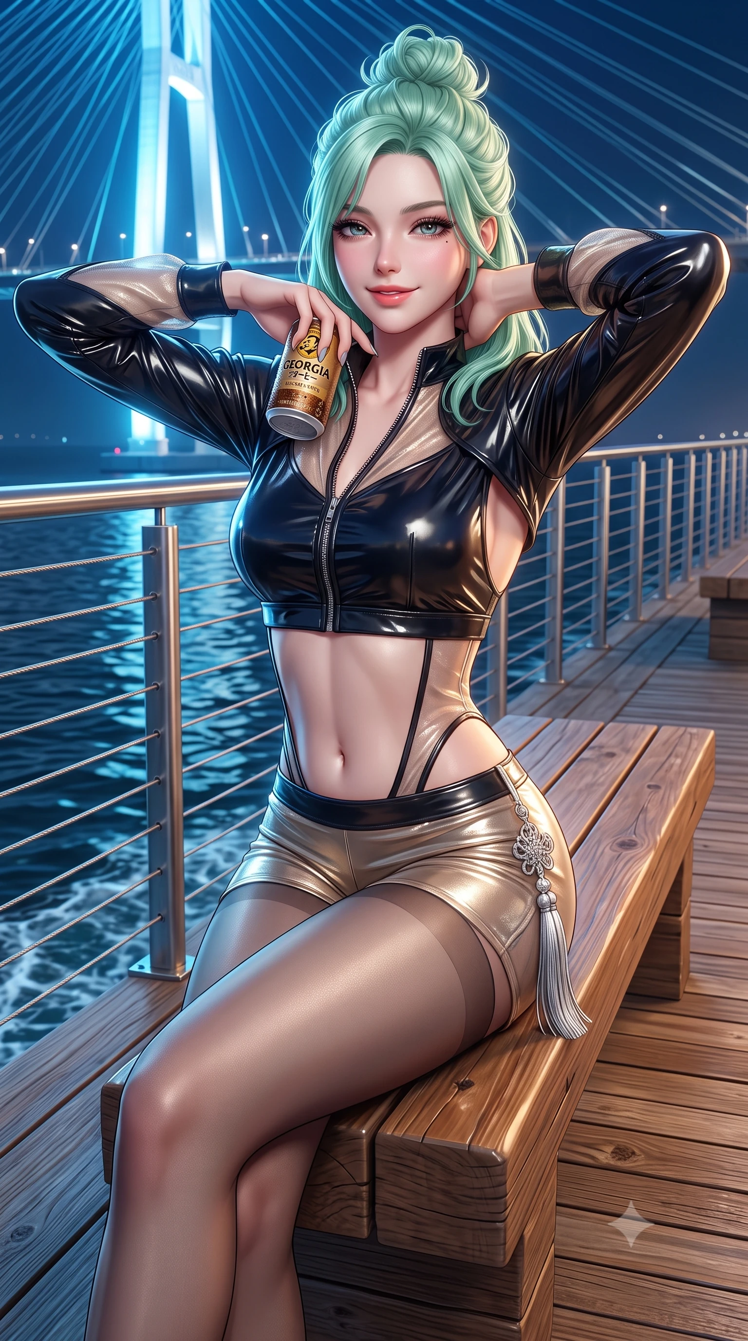 score_9, masterpiece, best quality, ultra-detailed, high-budget anime keyframe, semi-realistic 3D game render, editorial fashion photography, tasteful artistic composition, Japanese woman. close-up cowboy shot from the waist and thighs up, the character dominates the composition, filling the frame with her large presence. resting both hands lightly behind her neck with elbows raised, arching her spine to highlight her narrow waist, flat midriff, and breathtaking collarbones while sitting perched gracefully on the pier bench with legs extended, holding a canned coffee while flashing a warm coquettish smile. The surrounding environment is rendered in vivid detail and crisp panoramic clarity: sharp boardwalk timber grain, stainless steel cable railing, and water wake ripple clarity in deep focus. She has an exceptionally elegant, slender, and willowy female figure with an ultra-slim waist, flat toned midriff, narrow ribcage, and sculpted feminine hips creating an alluring, slim hourglass silhouette without bulk. sharp v-shaped jawline, high-bridge nose, sparkling eyes with hypnotic seductive depth, thick curled eyelashes, glossy parted lips with a natural dewy peach sheen, alluring bedroom-eyes with an enchanting coquettish smile, exuding magnetic siren charisma and sophisticated glamour, flawlessly proportioned anatomical accuracy, strict slender model proportions, natural body alignment, perfectly sculpted long slender limbs, ultra-slim waistline, clean dynamic posture without body distortion. wearing a form-fitting zip-front wet-look vinyl bolero jacket paired with low-rise metallic hot-pants and sheer stockings in midnight obsidian black and shimmering liquid champagne gold, made of delicate semi-sheer Korean gossamer organza with subtle pearlescent glints, accented with an intricate silver norigae tassel swaying gracefully along her curving hip line, the precision-cut side openings and low-back scoop framing her graceful spine and the sensual sweep of her slim, toned hips. bathed in the glowing azure and white illumination of the suspension bridge towers. highly saturated vibrant anime colors, detailed shading with soft gradients, rich glossy textures, high-contrast stereoscopic depth, volumetric dynamic lighting, master piece, 9:16 ratio