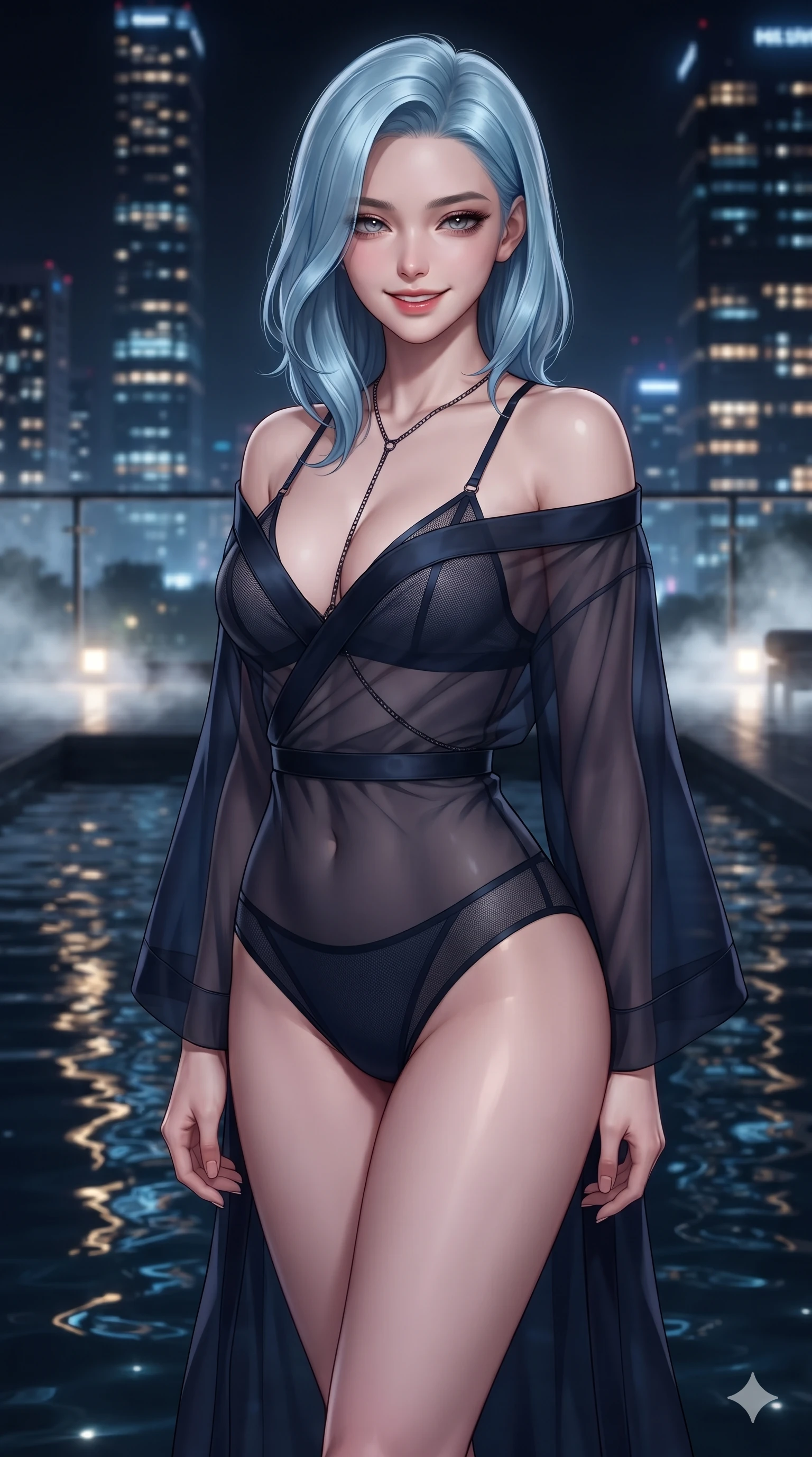 score_9, masterpiece, best quality, ultra-detailed, high-budget anime keyframe, editorial fashion photography, tasteful artistic composition, Korean woman. close-up cowboy shot from the waist and thighs up, the character dominates the composition, filling the frame with her large presence. smiling with quiet, magnetic self-assurance directly into the camera with heavy-lidded sparkling eyes while twisting her slender torso in an alluring S-curve at the water's edge, dark rippling reflections of illuminated towers tracing her hourglass curves. The background shows a soft-focus distant glittering high-rise skyscrapers, drifting cool rooftop mist, and glass terrace parapets blurred into topaz, cobalt, and obsidian bokeh. She has an exceptionally elegant, slender, and willowy female figure with an ultra-slim waist, flat toned midriff, narrow ribcage, and sculpted feminine hips creating an alluring, slim hourglass silhouette without bulk. sharp v-shaped jawline, high-bridge nose, intricate jewel-like dark sparkling eyes with hypnotic seductive depth, thick curled eyelashes, glossy parted lips with a natural wine sheen, alluring bedroom-eyes with an enigmatic smoldering smile, exuding magnetic sovereign charisma and dark avant-garde glamour, flawlessly proportioned anatomical accuracy, strict slender model proportions, natural body alignment, perfectly sculpted long slender limbs, ultra-slim waistline, clean dynamic posture without body distortion. wearing a sheer gossamer organza evening kimono slipping off bare shoulders over a matching satin micro-bralette and briefs in midnight navy blue and smoky pitch black, crafted from fine dark contouring mesh with sheer geometric transparency, accented with a dark metallic body chain harness subtly framing her dewy collarbones and spine, the liquid-tight tailored fabric clinging flawlessly to her narrow waist and rounded feminine hips, emphasizing every millimeter of her sculpted slim hourglass curves without any bulky heaviness. illuminated by dark pool water surface bounce and sharp golden-sapphire rim lights sculpting her razor-sharp jawline, narrow waist, and curvy hips. ultra-reflective glossy finish, specular highlights, metallic sheen, high-contrast stereoscopic depth, volumetric dynamic lighting, 2k, ultra detail, master piece, 9:16 ratio