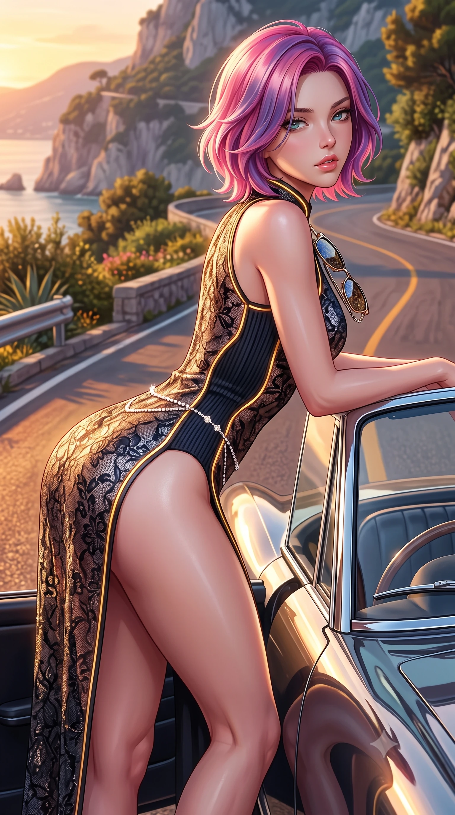 score_9, masterpiece, best quality, ultra-detailed, high-budget anime keyframe, semi-realistic 3D game render, editorial fashion photography, tasteful artistic composition, Caucasian woman. close-up cowboy shot from the waist and thighs up, the character dominates the composition, filling the frame with her large presence. leaning forward against the polished railing with her hips cocked back, creating an intoxicating curve from her narrow waist to sculpted hips as she gazes back into the lens while leaning against the chrome windshield frame of the sports car with hips cocked back, looking back over her bare shoulder with sun-dazed bedroom-eyes. The surrounding environment is rendered in vivid detail and crisp panoramic clarity. detailed knit dress ribbed textures, designer sunglasses reflections, and cliffside vegetation in high clarity. She has an exceptionally elegant, slender, and willowy female figure with an ultra-slim waist, flat toned midriff, narrow ribcage, and sculpted feminine hips creating an alluring, slim hourglass silhouette without bulk. sharp v-shaped jawline, high-bridge nose, intricate jewel-like eyes with depth, thick eyelashes, glossy parted lips with a natural sheen, intensely captivating and seductive bedroom-eyes expression, flawlessly proportioned anatomical accuracy, strict slender model proportions, natural body alignment, perfectly sculpted long slender limbs, ultra-slim waistline, clean dynamic posture without body distortion. wearing a modernized cyber-qipao mini dress with an ultra-high side slit ascending to the hip and glowing piping in midnight obsidian black and liquid gold, formed from shimmering floral lace over smooth opaque silk lining, accented with a dainty diamond waist chain catching the ambient light reflections, the glove-like aerodynamic silhouette tightly following the natural contour of her hips and long slender legs with statuesque 8.5-heads elegance. bathed in glorious golden hour Mediterranean sunset backlighting and warm amber road fill. highly saturated vibrant anime colors, detailed shading with soft gradients, rich glossy textures, high-contrast stereoscopic depth, volumetric dynamic lighting, master piece, 9:16 ratio