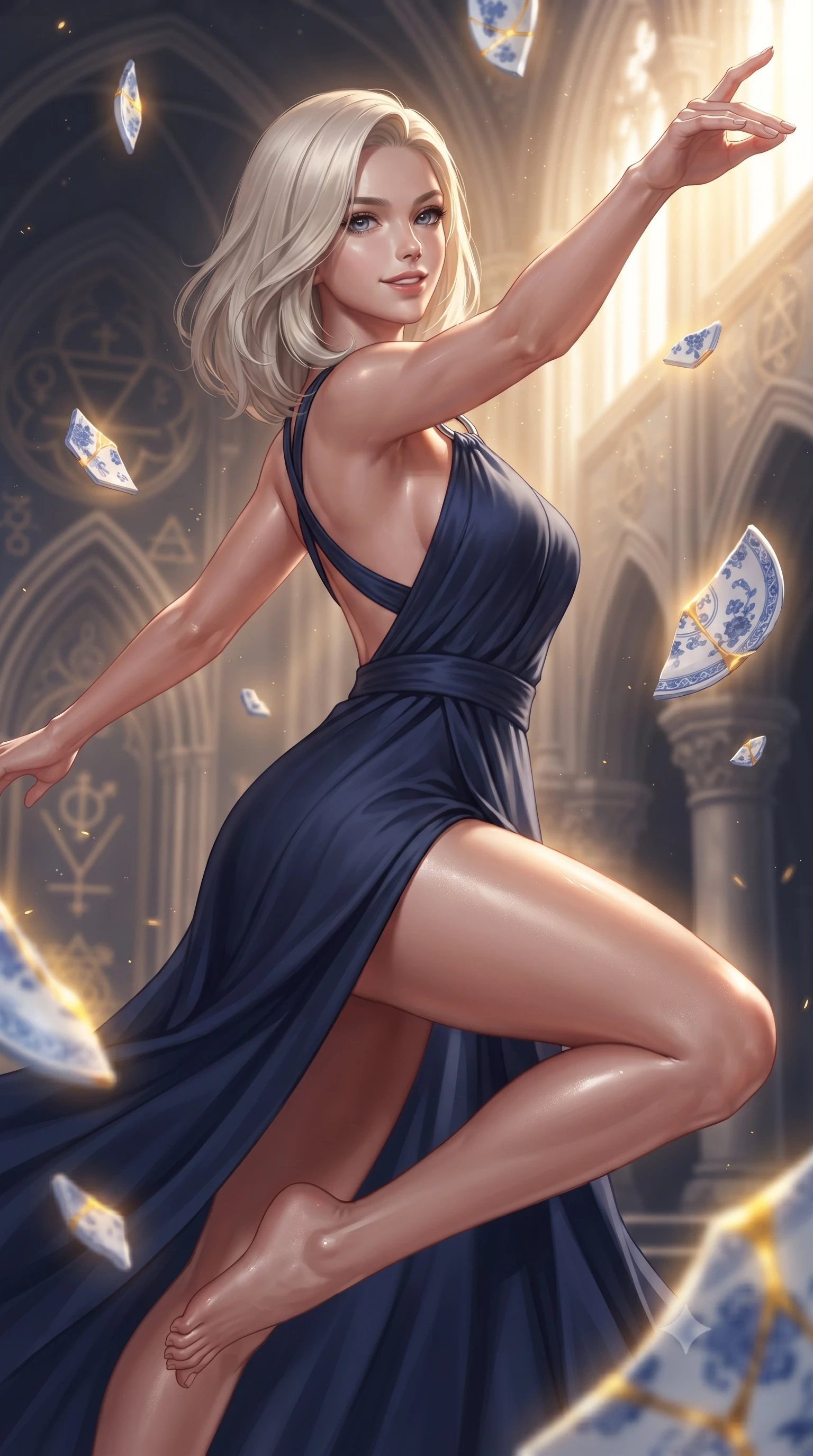 score_9, masterpiece, best quality, ultra-detailed, high-budget anime keyframe, editorial fashion photography, tasteful artistic composition, Caucasian woman. close-up cowboy shot from the waist and thighs up, the character dominates the composition, filling the frame with her large presence, background elements kept in soft focus. Extending one arm in an elegant stretch toward the light while smiling with magnetic self-assurance while leaping through an alchemical cathedral nave flanked by floating blue-and-white porcelain shards, luminous gold kintsugi seams glowing with intense golden inner radiance. She has an exceptionally elegant, slender, and willowy female figure with an ultra-slim waist, a gracefully sculpted slender torso, and a refined silhouette. sharp v-shaped jawline, high-bridge nose, intricate jewel-like eyes with depth, thick eyelashes, glossy lips with a natural sheen, flawlessly proportioned anatomical accuracy, natural body alignment, perfectly sculpted elegant limbs, clean dynamic posture without body distortion. wearing an asymmetrical Grecian draped chiffon gown with a metallic shoulder ring in midnight navy blue and chrome trim, crafted from smooth liquid silk, complemented by criss-cross back straps highlighting her bare shoulders, the tailored fabric tightly following every curve of her athletic build. bathed in radiant golden kintsugi light radiating from ceramic cracks. ultra-reflective glossy finish, specular highlights, metallic sheen, high-contrast stereoscopic depth, volumetric dynamic lighting, 2k, ultra detail, master piece, 9:16 ratio