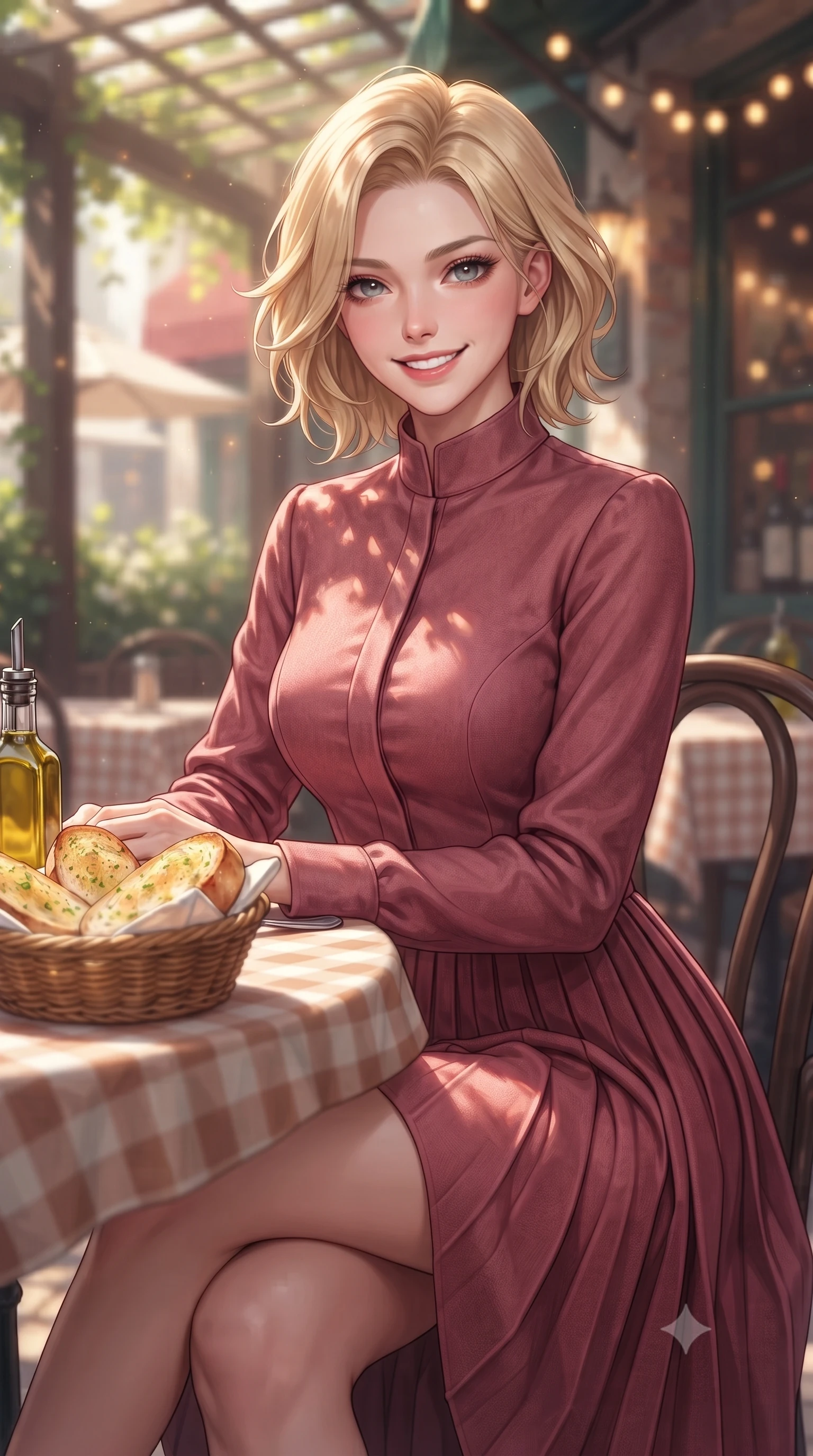 score_9, masterpiece, best quality, ultra-detailed, high-budget anime keyframe, editorial fashion photography, tasteful artistic composition, Caucasian woman. close-up cowboy shot from the waist and thighs up, the character dominates the composition, filling the frame with her large presence, background elements kept in soft focus. smiling with cute and bright self-assurance, looking directly at the viewer set against a soft-focus background of at an outdoor garden table of a cozy Italian bistro decorated with fairy lights with a basket of warm garlic bread and olive oil on the checkered tablecloth. She has an exceptionally elegant, slender, and willowy female figure with an ultra-slim waist, a gracefully sculpted slender torso, and a refined silhouette. sharp v-shaped jawline, high-bridge nose, intricate jewel-like eyes with depth, thick eyelashes, glossy lips with a natural sheen. wearing tailored lovely long-sleeve midi dress in dusty rose, featuring a high collar and pleated skirt. dappled sunlight filtering through the outdoor trellis onto her shoulders. highly saturated vibrant anime colors, detailed shading with soft gradients, rich glossy textures, high-contrast stereoscopic depth, volumetric dynamic lighting, master piece, 9:16 ratio