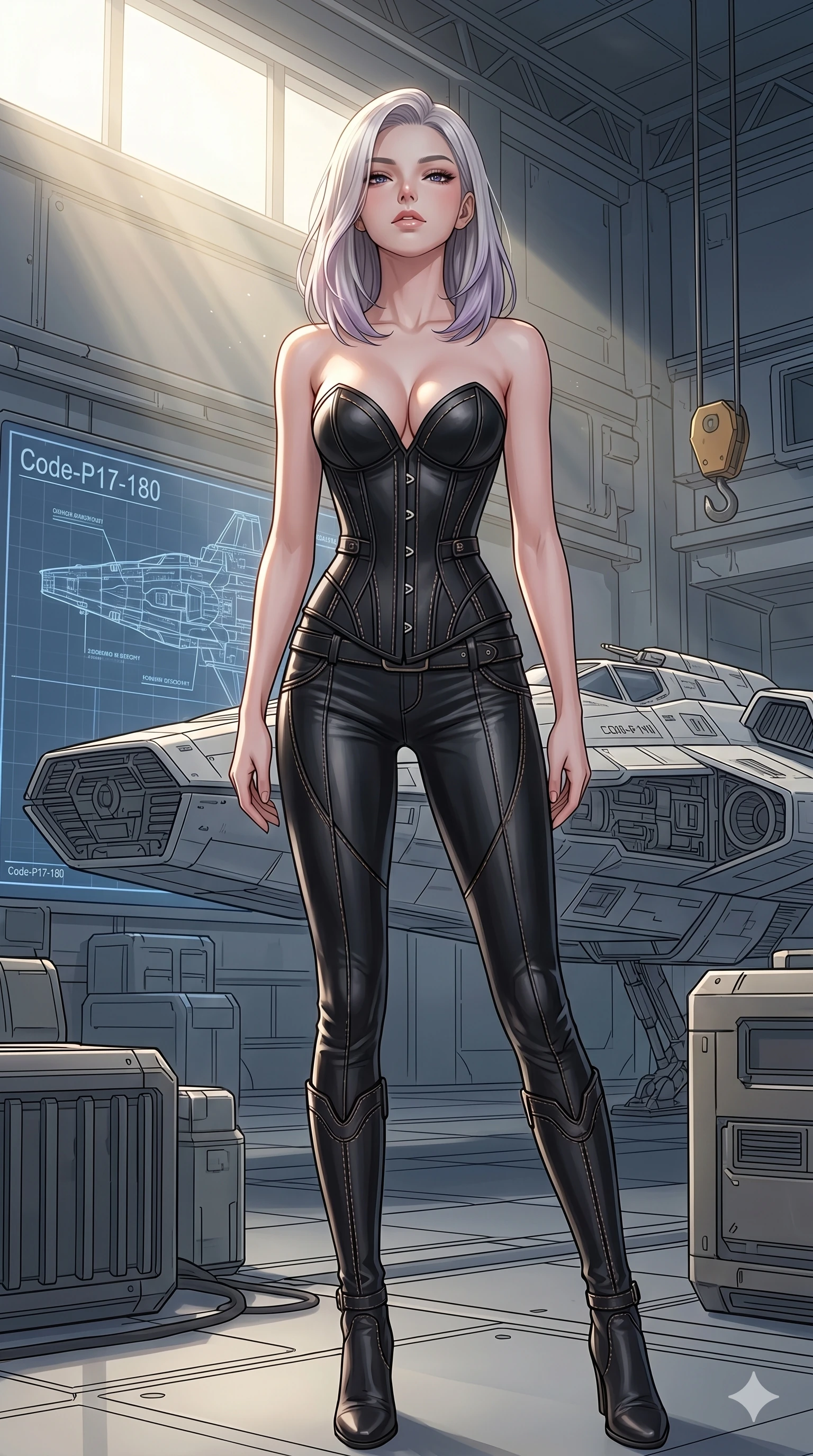 score_9, masterpiece, best quality, ultra-detailed, high-budget anime keyframe, editorial fashion photography, tasteful artistic composition, Caucasian woman, strictly human ears. cowboy shot from the thighs up, character and outfit filling the frame for maximum editorial presence. tilting her head back slightly with a confident and powerful expression in a hangar bay with starship blueprint (Code-P17-180). She has an absolutely perfect 8-heads proportion, an exceptionally tall and slender female figure with impossibly long slender legs and an ultra-slim waist. V-shaped jawline, high-bridge nose, intricate jewel-like eyes with depth, thick eyelashes, glossy lips with a natural sheen. wearing a leather corset with sweetheart neckline revealing her cleavage. drenched in soft morning sunbeams flowing from a high window, creating a serene mood. 2k, ultra detail, master piece, 9:16 ratio