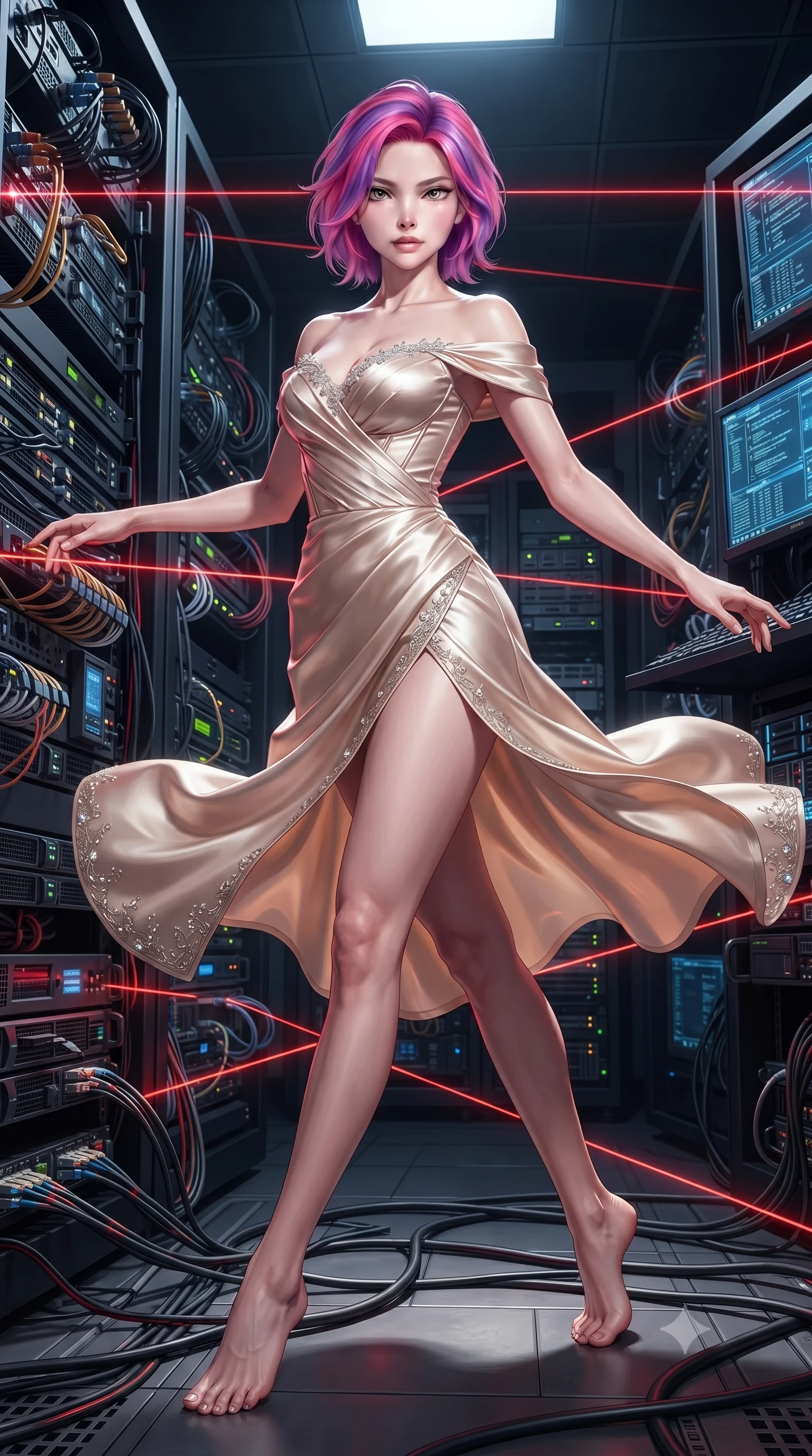 score_9, masterpiece, best quality, ultra-detailed, high-budget anime keyframe, editorial fashion photography, tasteful artistic composition, Caucasian woman. low angle full-body shot from head to toe showing her feet, filling the entire 9:16 vertical frame with her statuesque presence, stretching her vertical silhouette. executing an elegant mid-motion spin with effortless grace, her garments fluttering softly around her ultra-slim waistline while navigating a high-security mainframe server vault, contorting her slender athletic body in a flawless gymnastic evasion beneath glowing red laser grids. The surrounding environment is rendered in vivid detail and crisp panoramic clarity. detailed tactical bodysuit seams, electronic keycard bypass devices, and data cables in high resolution. She has an absolutely perfect, statuesque 8.5-heads proportion, an exceptionally tall and slender model-like female figure with impossibly long slender legs, a toned flat midriff, and an ultra-slim waist. sharp v-shaped jawline, high-bridge nose, intricate jewel-like eyes with depth, thick eyelashes, glossy lips with a natural sheen, captivating and magnetic expression, flawlessly proportioned anatomical accuracy, strict slender model proportions, natural body alignment, perfectly sculpted long slender limbs, ultra-slim waistline, clean dynamic posture without body distortion. wearing a statuesque off-shoulder champagne satin gala dress featuring a thigh-high side slit and draped corset bodice in champagne ivory and rose gold, tailored from ultra-smooth duchess satin with a pearlescent sheen, finished with delicate crystal embroidery along the neckline and hem, the precision-cut daring openings accentuating her delicate midriff, graceful bare collarbones, and ultra-slim feminine waistline. illuminated by crisp directional rim lighting sharply carving her ultra-slim waist and sculpted silhouette. ultra-reflective glossy finish, specular highlights, rich textural contrasts, high-contrast stereoscopic depth, volumetric dynamic lighting, 2k, ultra detail, master piece, 9:16 ratio