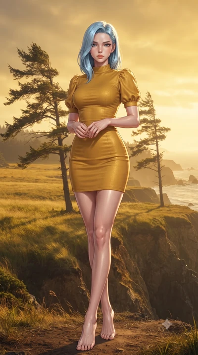 score_9, masterpiece, best quality, ultra-detailed, high-budget anime keyframe, editorial fashion photography, tasteful artistic composition, Korean woman woman. low angle full-body shot from head to toe showing her feet, filling the entire 9:16 vert