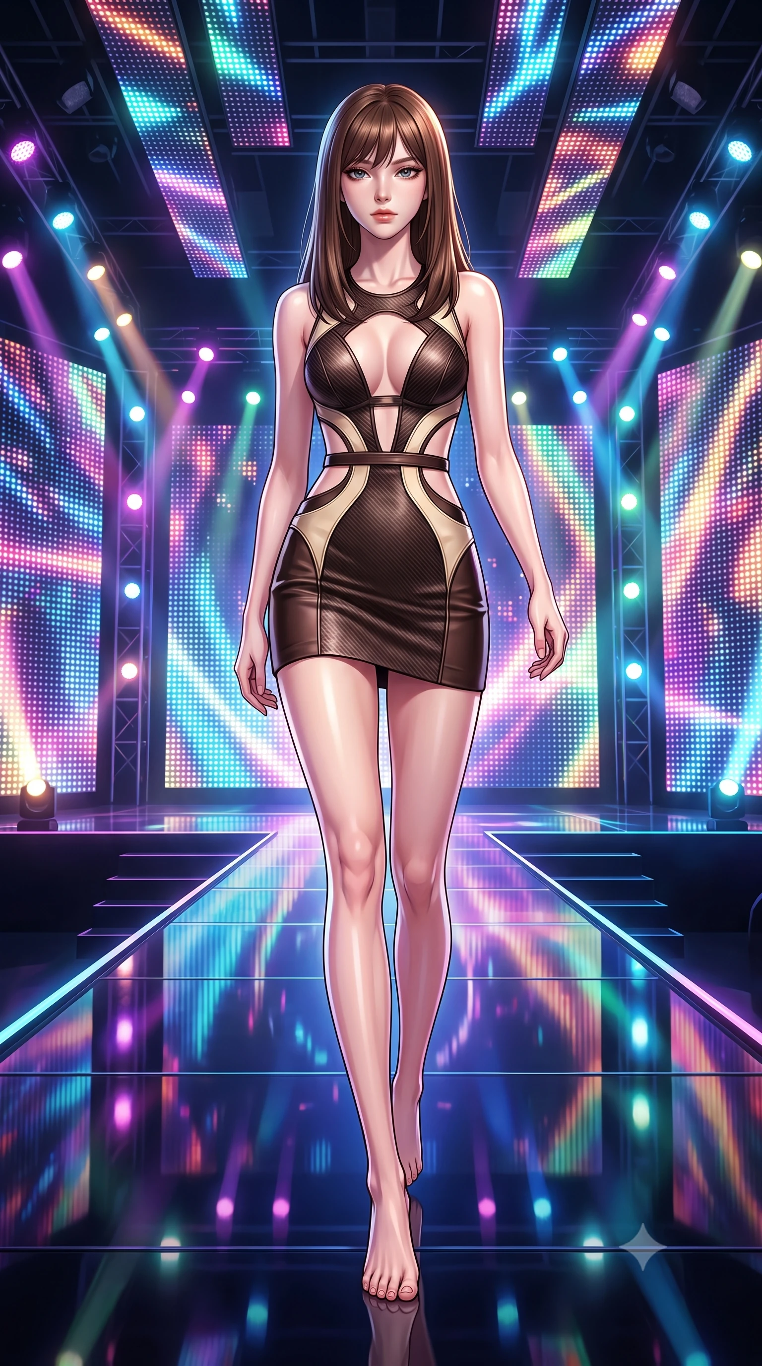 score_9, masterpiece, best quality, ultra-detailed, high-budget anime keyframe, editorial fashion photography, tasteful artistic composition, Korean woman. low angle full-body shot from head to toe showing her feet, filling the entire 9:16 vertical frame with her statuesque presence, stretching her vertical silhouette. forging dynamically through the scene, her vertical silhouette beautifully stretched walking down a shiny dark stage catwalk under pulsing multi-color LED arrays, shiny dark stage surface reflecting every concert light beam vividly. She has an absolutely perfect, statuesque 8.5-heads proportion, an exceptionally tall and slender model-like female figure with impossibly long slender legs and an ultra-slim waist. sharp v-shaped jawline, high-bridge nose, intricate jewel-like eyes with depth, thick eyelashes, glossy lips with a natural sheen. wearing a dramatic open-waist cutout mini dress framed by sculptural hardware in espresso brown and warm cream, made of fine carbon-fiber weave and soft matte leather, featuring clean architectural cutouts along her slender torso, the tailored fabric tightly following every curve of her athletic build. surrounded by an electric, high-energy performer aura. highly saturated vibrant anime colors, detailed shading with soft gradients, rich glossy textures, high-contrast stereoscopic depth, volumetric dynamic lighting, master piece, 9:16 ratio