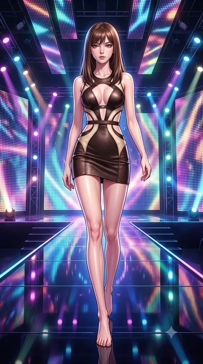 score_9, masterpiece, best quality, ultra-detailed, high-budget anime keyframe, editorial fashion photography, tasteful artistic composition, Korean woman. low angle full-body shot from head to toe showing her feet, filling the entire 9:16 vertical f