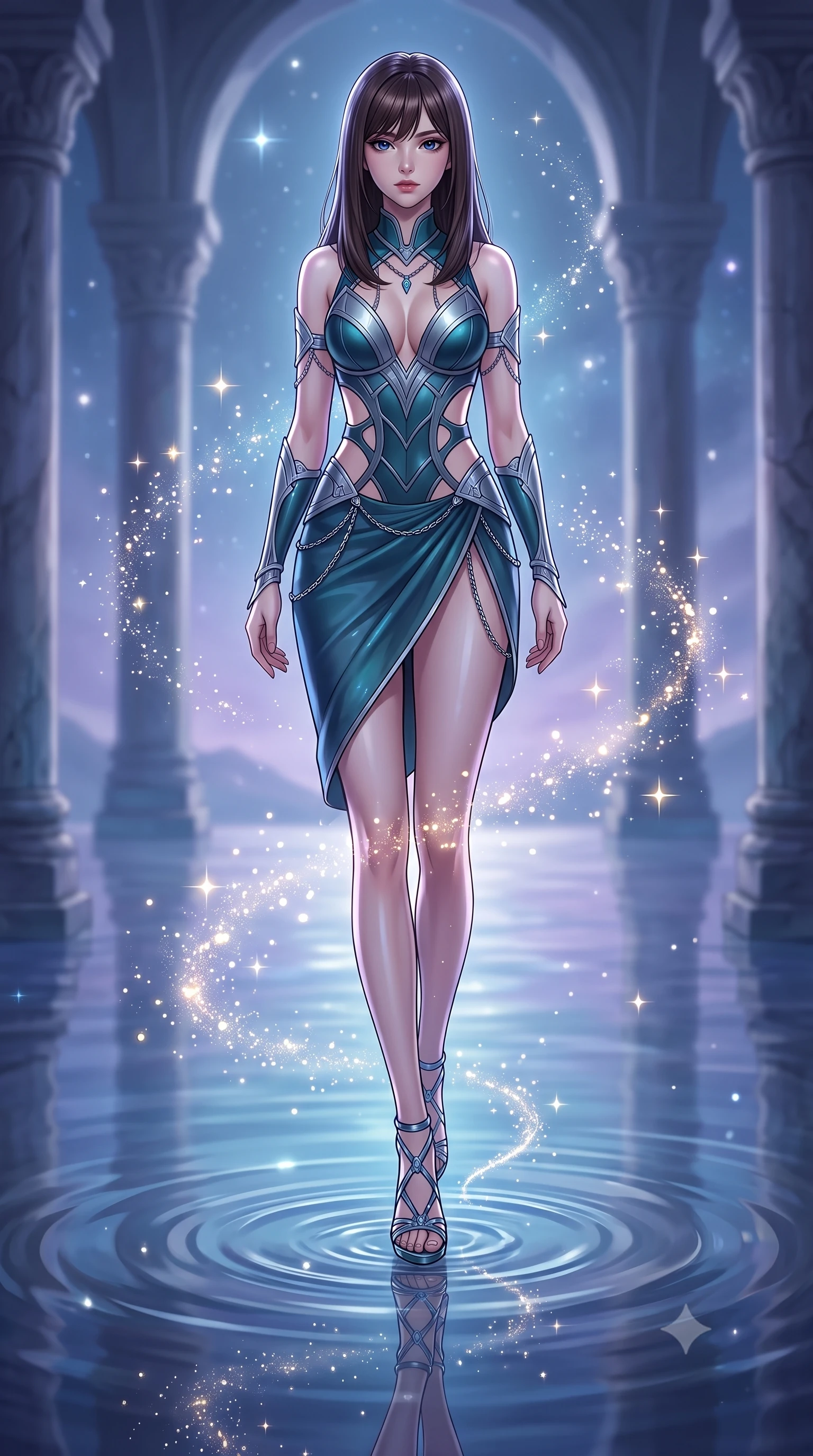 score_9, masterpiece, best quality, ultra-detailed, high-budget anime keyframe, editorial fashion photography, tasteful artistic composition, Korean woman. low angle full-body shot from head to toe showing her feet, filling the entire 9:16 vertical frame with her statuesque presence, stretching her vertical silhouette. stepping gracefully through floating stardust particles, her body-contouring suit showing her athletic, slender silhouette, the background shows a soft-focus a quiet sanctuary of stilled-water pools where ripples never disappear. She has an absolutely perfect, statuesque 8.5-heads proportion, an exceptionally tall and slender model-like female figure with impossibly long slender legs and an ultra-slim waist. sharp v-shaped jawline, high-bridge nose, intricate jewel-like eyes with depth, thick eyelashes, glossy lips with a natural sheen. wearing a body-hugging deep plunging-V neck bodycon armor top, featuring keyhole cutouts along the ribs and a thigh-slit wrap skirt. soft starlight reflecting on the perfectly frozen water surface. highly saturated vibrant anime colors, detailed shading with soft gradients, rich glossy textures, high-contrast stereoscopic depth, volumetric dynamic lighting, master piece, 9:16 ratio