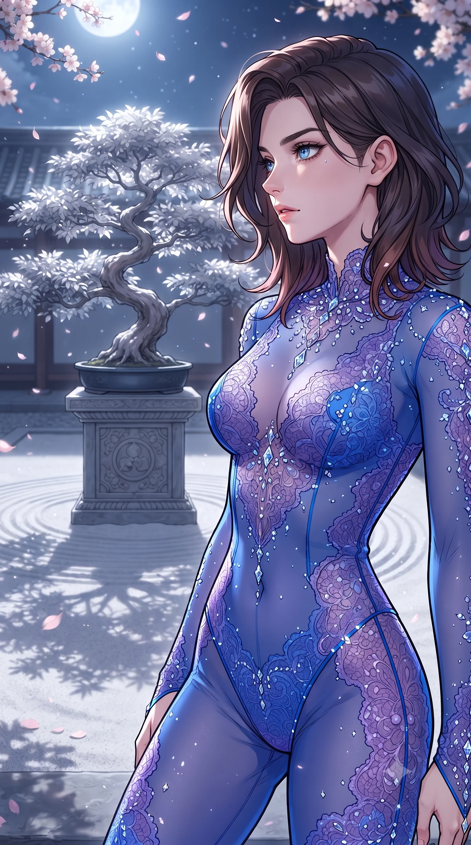 score_9, masterpiece, best quality, ultra-detailed, high-budget anime keyframe, gorgeous anime illustration, with clean line-art and distinct ink outlines, Korean woman. close-up cowboy shot from the waist and thighs up, the character dominates the composition, filling the frame with her large presence, background elements kept in soft focus. Turning her face in sharp dramatic profile against the light. set against a soft-focus background of in a silent temple courtyard featuring a giant silver-leafed bonsai tree on a stone pedestal, white sand raked in concentric patterns around it, cherry blossoms falling softly. She has an exceptionally elegant and slender, willowy female figure with an ultra-slim waist, a gracefully sculpted slender torso, and a refined slim physique. sharp v-shaped jawline, high-bridge nose, intricate jewel-like eyes with depth, thick eyelashes, glossy lips with a natural sheen. wearing a full-body sheer catsuit in electric blue, featuring violet lace panels and crystal embellishments. cool silver moonlight reflecting off the silver leaves and white sand, casting delicate shadows. 2k, ultra detail, master piece, 9:16 ratio, vibrant anime color palette, detailed cel-shading with soft gradients, rich contrast, dynamic lighting, 2d animation style