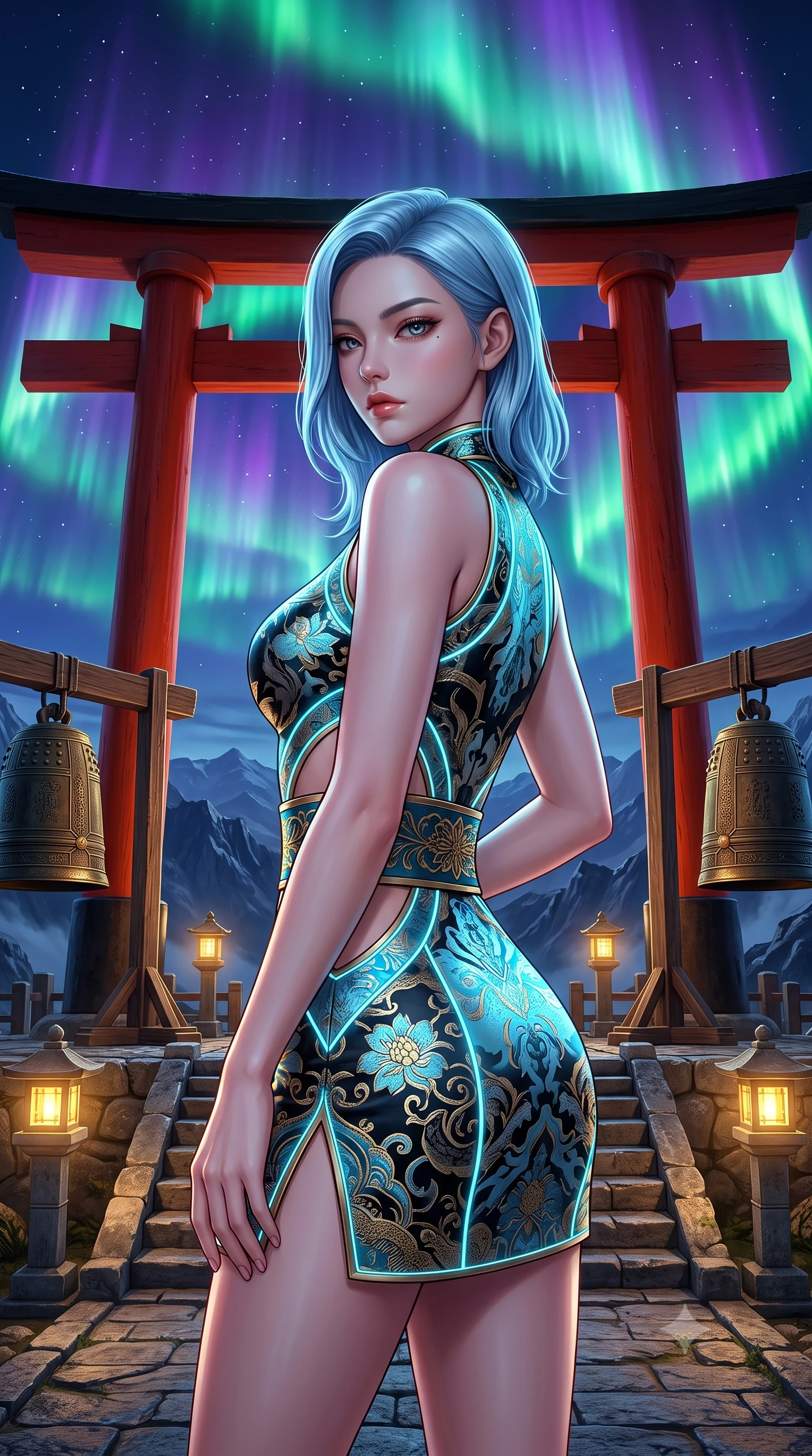 score_9, masterpiece, best quality, ultra-detailed, high-budget anime keyframe, semi-realistic 3D game render, editorial fashion photography, tasteful artistic composition, Korean woman. close-up cowboy shot from the waist and thighs up, the character dominates the composition, filling the frame with her large presence. turning over her shoulder with an indomitable, smoldering gaze, her soft hair framing her razor-sharp v-shaped jawline while standing atop a mountain shrine ridge framed by a colossal vermilion torii gate under a dancing violet and emerald aurora. The surrounding environment is rendered in vivid detail and crisp panoramic clarity. detailed aurora wave ribbons, distant mountain ranges, and sacred bronze bell engravings in high clarity. She has an exceptionally elegant, slender, and willowy female figure with an ultra-slim waist, a gracefully sculpted slender torso, toned flat midriff, and a refined slim silhouette. sharp v-shaped jawline, high-bridge nose, intricate jewel-like eyes with depth, thick eyelashes, glossy lips with a natural sheen, captivating and magnetic expression, flawlessly proportioned anatomical accuracy, strict slender model proportions, natural body alignment, perfectly sculpted long slender limbs, ultra-slim waistline, clean dynamic posture without body distortion. wearing a futuristic embroidered qipao mini dress with glowing fiber-optic seams and side cutouts in dark ink-wash black and radiant moonlight cyan, woven from lightweight fluid silk brocade with woven gold thread, finished with a wide embroidered waist band emphasizing her slender midriff, the form-contouring material adhering flawlessly to her sculpted flat midriff and slender torso, emphasizing her long leg lines and perfectly proportioned willowy build. bathed in vibrant emerald and violet aurora light overhead and warm golden lantern uplights from below. highly saturated vibrant anime colors, detailed shading with soft gradients, rich glossy textures, high-contrast stereoscopic depth, volumetric dynamic lighting, master piece, 9:16 ratio