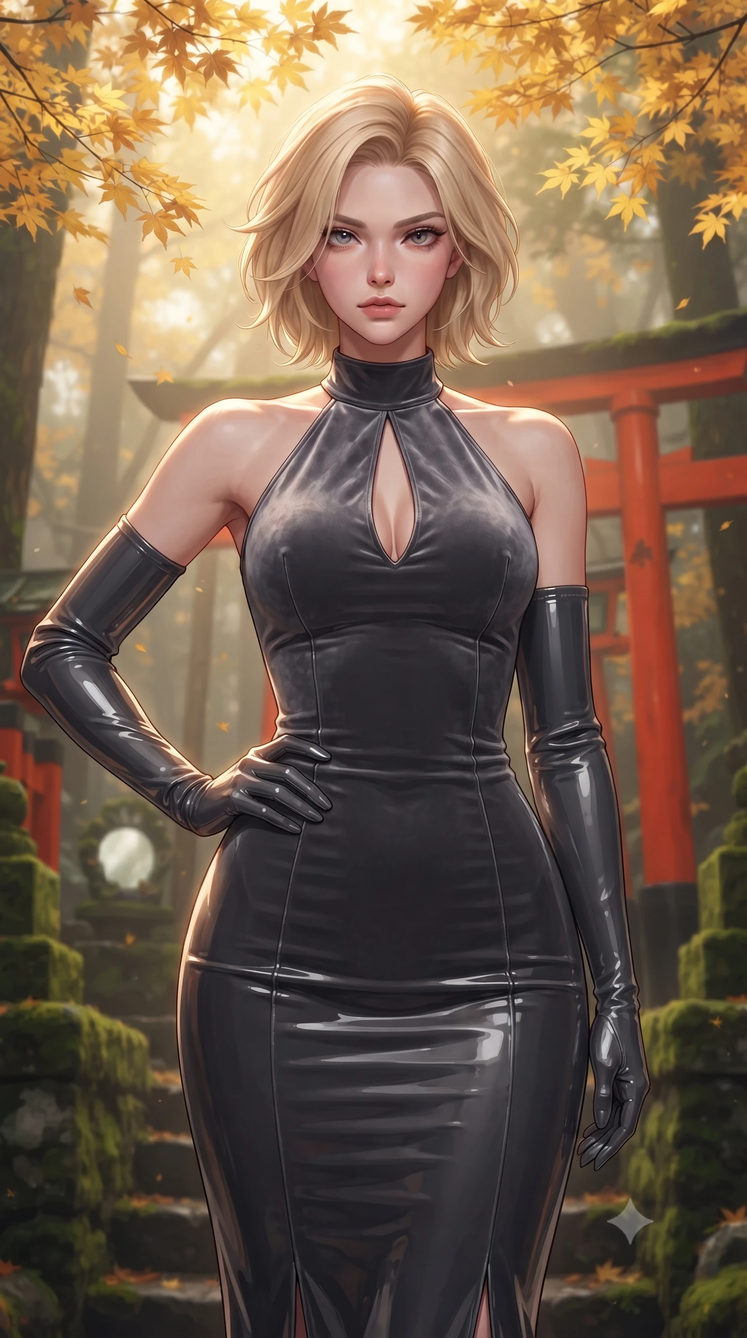 score_9, masterpiece, best quality, ultra-detailed, high-budget anime keyframe, editorial fashion photography, tasteful artistic composition, Caucasian woman. close-up cowboy shot from the waist and thighs up, the character dominates the composition, filling the frame with her large presence, background elements kept in soft focus. Holding a confident power pose with one hand on her hip, gazing directly into the camera with quiet intensity resting near a sacred mirror altar under a canopy of golden autumn maple leaves, vivid red vermilion torii gates contrasting with deep green moss stone. She has an exceptionally elegant, slender, and willowy female figure with an ultra-slim waist, a gracefully sculpted slender torso, and a refined silhouette. sharp v-shaped jawline, high-bridge nose, intricate jewel-like eyes with depth, thick eyelashes, glossy lips with a natural sheen. wearing a velvet halter-neck midi dress following her form like a glove in charcoal grey and platinum, tailored from high-gloss patent leather, accented with a Tasteful chest slit framing her clavicle gracefully, the elegant draped fit framing her graceful clavicle and slender torso. bathed in mystical golden morning light filtered through dense forest fog. highly saturated vibrant anime colors, detailed shading with soft gradients, rich glossy textures, high-contrast stereoscopic depth, volumetric dynamic lighting, master piece, 9:16 ratio