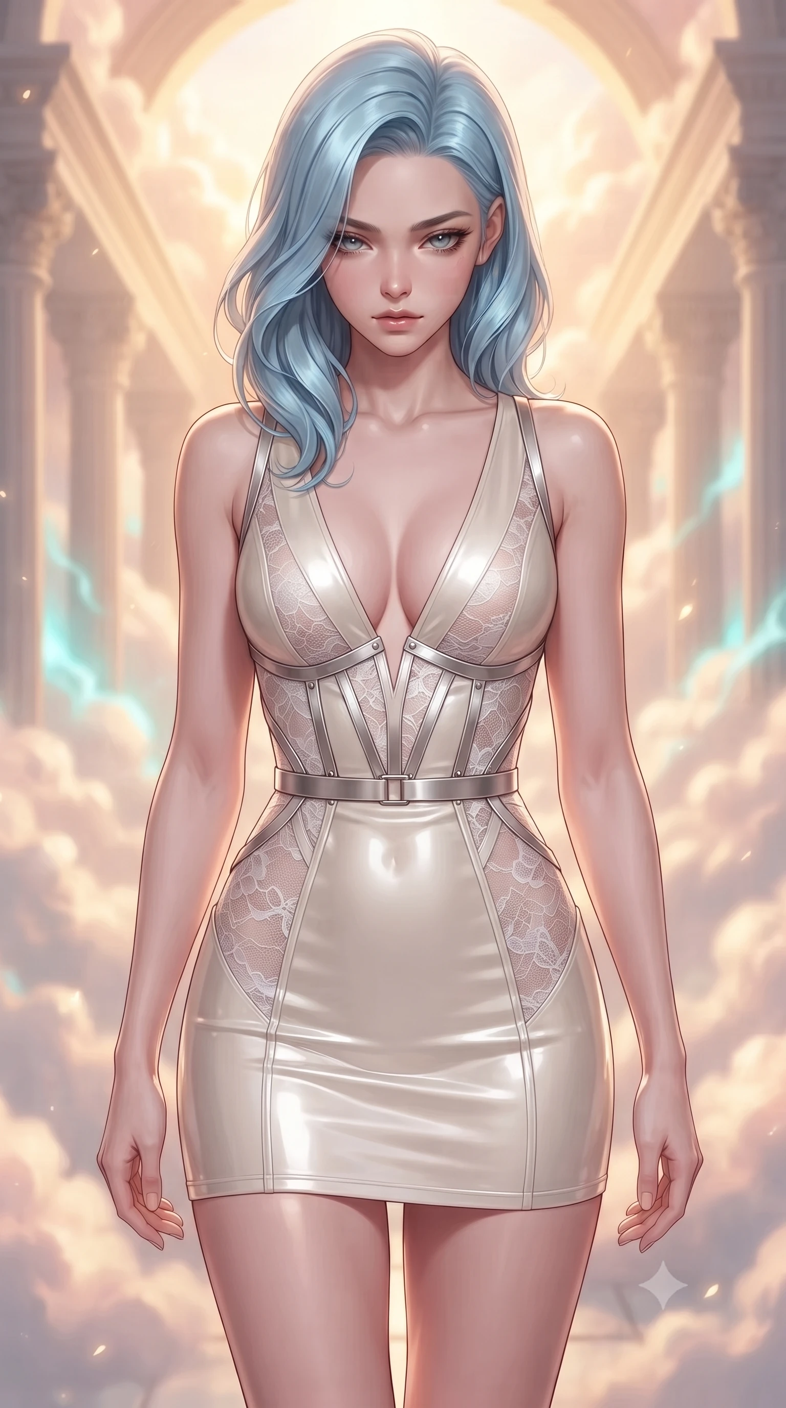 score_9, masterpiece, best quality, ultra-detailed, high-budget anime keyframe, editorial fashion photography, tasteful artistic composition, Korean woman. close-up cowboy shot from the waist and thighs up, the character dominates the composition, filling the frame with her large presence, background elements kept in soft focus. Looking down with lowered lashes and a composed, powerful aura, poised on a cloud-bound colonnade bathed in warm sunrise light bursts, gentle inner lightning within cloud walls emitting soft turquoise glow. She has an exceptionally elegant, slender, and willowy female figure with an ultra-slim waist, a gracefully sculpted slender torso, and a refined silhouette. sharp v-shaped jawline, high-bridge nose, intricate jewel-like eyes with depth, thick eyelashes, glossy lips with a natural sheen. wearing deep V-neck corset bodice mini dress with sheer white lace panels in pearl white, made of polished ivory leather, highlighted by a platinum metallic harness structure, following her slender form with tailored precision. bathed in warm golden sunrise beams filtering through soft rose clouds. ultra-reflective glossy finish, specular highlights, metallic sheen, high-contrast stereoscopic depth, volumetric dynamic lighting, 2k, ultra detail, master piece, 9:16 ratio