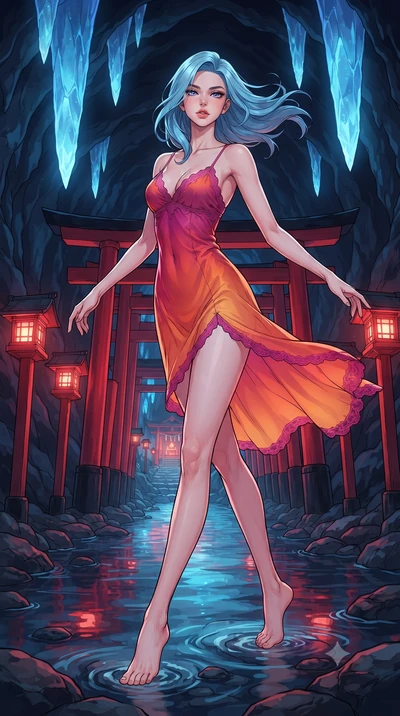 score_9, masterpiece, best quality, ultra-detailed, high-budget anime keyframe, gorgeous anime illustration, with clean line-art and distinct ink outlines, Korean woman. low angle full-body shot from head to toe showing her feet, filling the entire 9