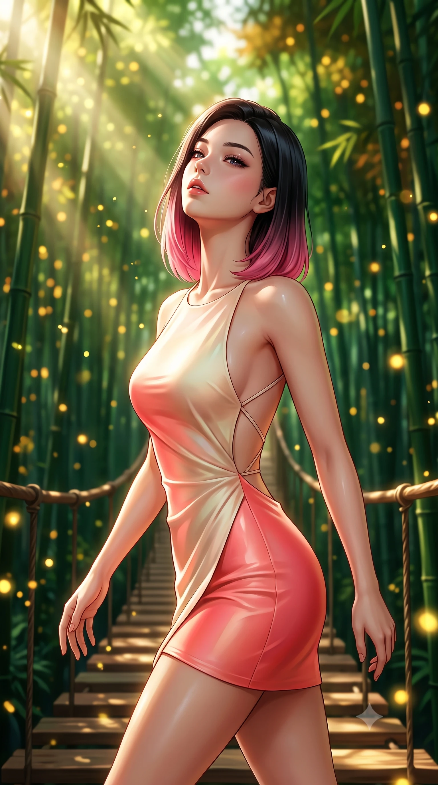 score_9, masterpiece, best quality, ultra-detailed, high-budget anime keyframe, semi-realistic 3D game render, editorial fashion photography, tasteful artistic composition, Korean woman. close-up cowboy shot from the waist and thighs up, the character dominates the composition, filling the frame with her large presence. tilting her head back with a sensual alluring expression, exposing her throat and shoulders to the camera with heavy lashes and softly parted glossy lips while striding gracefully along a suspended cedar bridge winding through a sky-high bamboo grove catching radiant morning sunbeams. The composition keeps background elements in soft focus with creamy bokeh. dense emerald bamboo stalks and glowing golden firefly motes blurred into lush green and amber bokeh. She has an exceptionally elegant, slender, and willowy female figure with an ultra-slim waist, a gracefully sculpted slender torso, toned flat midriff, and a refined slim silhouette. sharp v-shaped jawline, high-bridge nose, intricate jewel-like eyes with depth, thick eyelashes, glossy lips with a natural sheen, flawlessly proportioned anatomical accuracy, strict slender model proportions, natural body alignment, perfectly sculpted long slender limbs, ultra-slim waistline, clean dynamic posture without body distortion. wearing a second-skin fashion-latex mini dress with a clean architectural front, featuring an open-back design that wraps around the sides of her waist, showcasing her slender silhouette in radiant coral pink and champagne ivory, made of smooth iridescent silk chiffon that shifts colors with movement, complemented by criss-cross back straps highlighting her completely bare spine, the sleek second-skin cut tightly hugging her graceful clavicle, narrow waist, and feminine curves with athletic precision. bathed in bright morning sunbeams filtering through emerald bamboo canopies. highly saturated vibrant anime colors, detailed shading with soft gradients, rich glossy textures, high-contrast stereoscopic depth, volumetric dynamic lighting, master piece, 9:16 ratio
