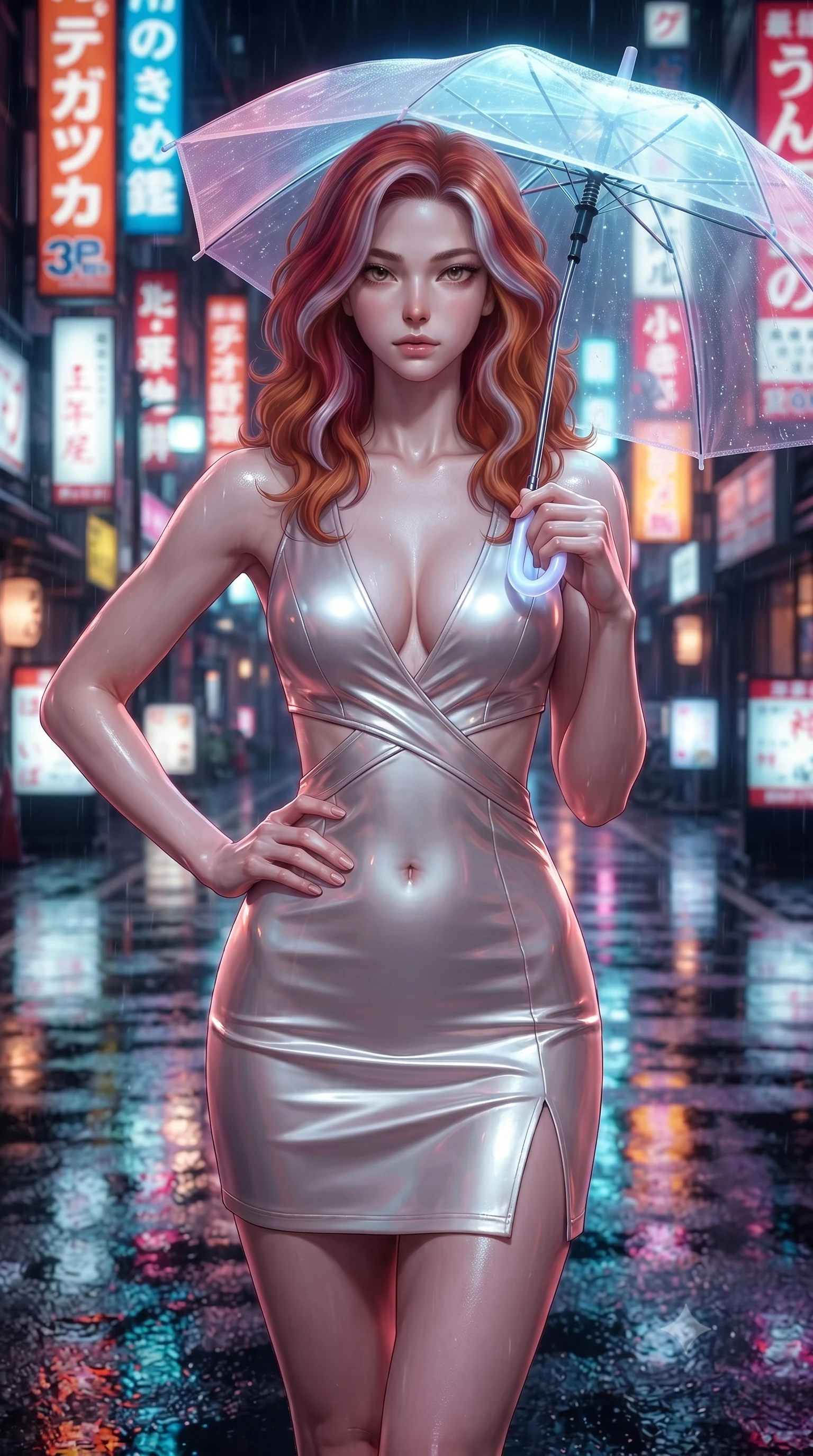 score_9, masterpiece, best quality, ultra-detailed, high-budget anime keyframe, editorial fashion photography, tasteful artistic composition, Caucasian woman. close-up cowboy shot from the waist and thighs up, the character dominates the composition, filling the frame with her large presence, background elements kept in soft focus. Holding a confident power pose with one hand on her hip, gazing directly into the camera with quiet intensity holding a glowing translucent umbrella under vibrant neon street signs at night, wet asphalt surfaces casting glossy specular highlights from surrounding signs. She has an exceptionally elegant, slender, and willowy female figure with an ultra-slim waist, a gracefully sculpted slender torso, and a refined silhouette. sharp v-shaped jawline, high-bridge nose, intricate jewel-like eyes with depth, thick eyelashes, glossy lips with a natural sheen. wearing a liquid mercury gloss mini dress with ultra-deep V-neck and waist cutouts in pearl white and rose gold, crafted from smooth liquid silk, finished with a sleek side slit ascending to mid-thigh, the tailored fabric tightly following every curve of her athletic build. drenched in wet neon reflections with brilliant specular highlights on her silhouette. ultra-reflective glossy finish, specular highlights, metallic sheen, high-contrast stereoscopic depth, volumetric dynamic lighting, 2k, ultra detail, master piece, 9:16 ratio