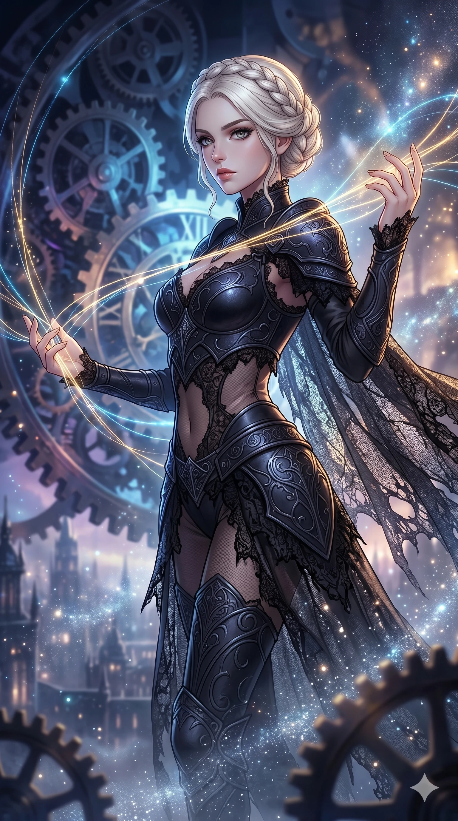 score_9, masterpiece, best quality, ultra-detailed, high-budget anime movie keyframe, cinematic anime lighting, intricate line art, Caucasian (strictly human ears) woman. Upper body filling screen focusing on her alluring features and slim-fit silhouette. weaving threads of light in a clockwork heart of a city in a mist of stardust. She has an absolutely perfect 8-heads proportion, an exceptionally tall and slender female figure with an ultra-slim waist and impossibly long slender legs. sharp v-shaped jawline, high-bridge nose, intricate jewel-like eyes, thick eyelashes, glossy lips. Wearing dark fantasy gothic leather armor with ornate obsidian plates, a tattered lace cape, and sheer mesh cut-outs at the midriff, exuding a mysterious allure. The scene is illuminated by dramatic atmospheric lighting and vibrant color palettes. , 2k, ultra detail, master piece, 9:16 ratio