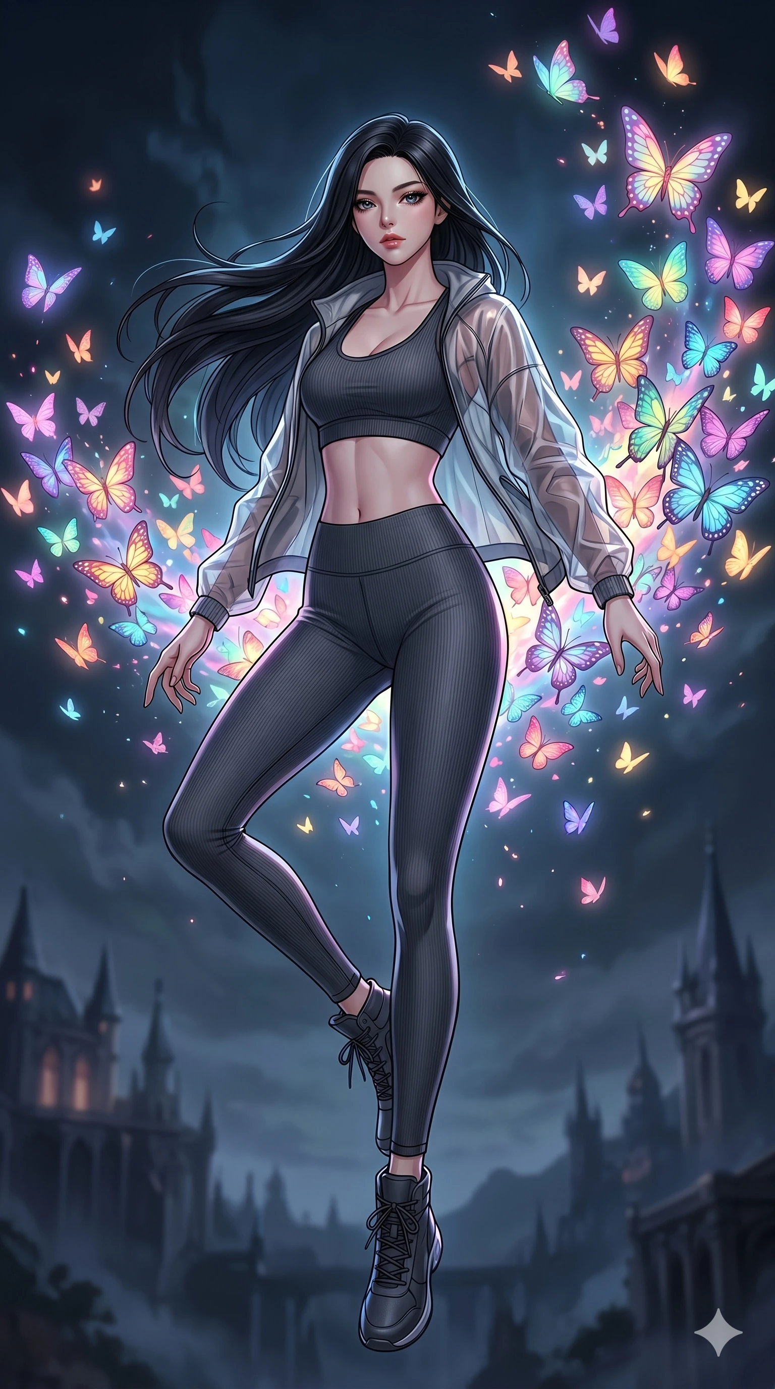 score_9, masterpiece, best quality, ultra-detailed, high-budget anime movie keyframe, cinematic anime lighting, intricate line art, Korean woman. Low angle cowboy shot capturing a powerful motion and statuesque presence. summoning a cloud of glowing butterflies that carry her into the air. She has an absolutely perfect 8-heads proportion, an exceptionally tall and slender female figure with an ultra-slim waist and impossibly long slender legs. strictly human anatomy, two legs only, no extra limbs, clearly defined legs and arms, perfect anatomy, perfect hands and fingers. sharp v-shaped jawline, high-bridge nose, intricate jewel-like eyes, thick eyelashes, glossy lips. Wearing Premium Athleisure: Ribbed sports bra and leggings set, sheer windbreaker, and sleek high-performance activewear. The scene is illuminated by dramatic atmospheric lighting and vibrant color palettes. , 2k, ultra detail, master piece, 9:16 ratio