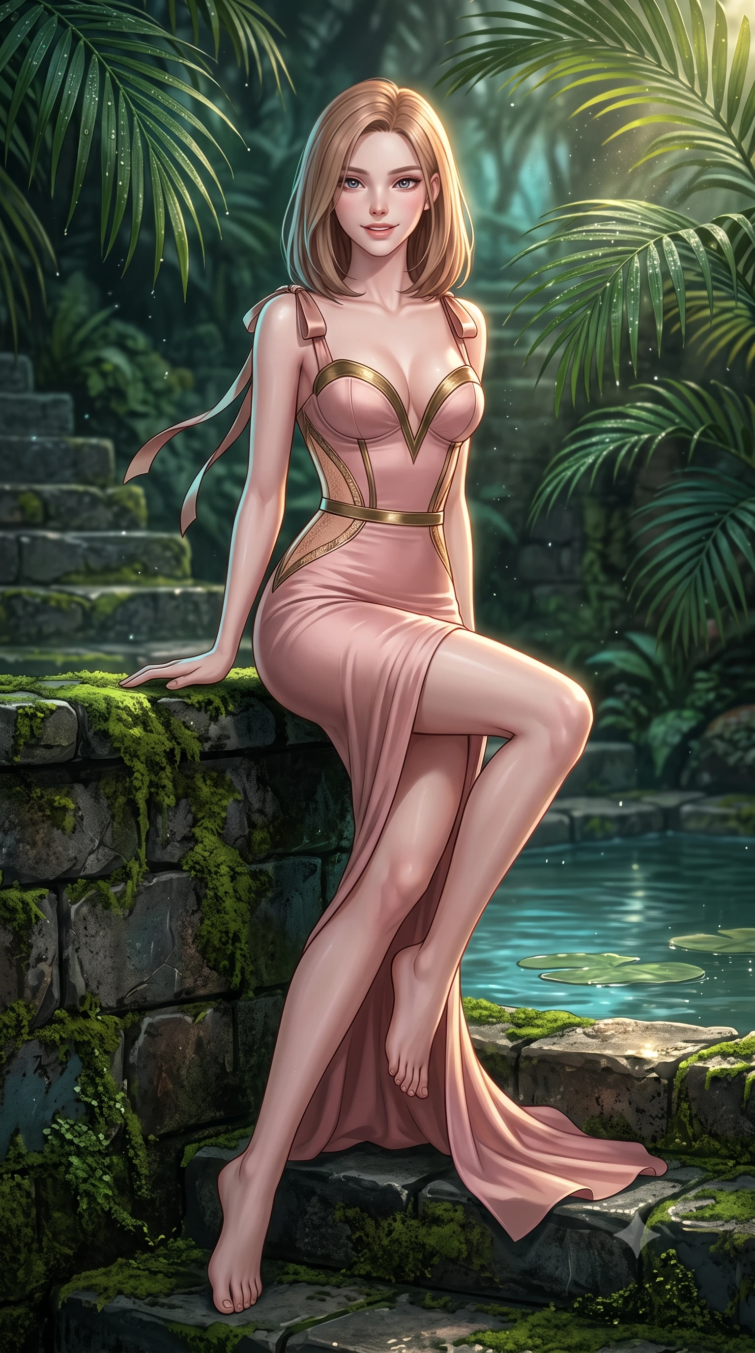 score_9, masterpiece, best quality, ultra-detailed, high-budget anime keyframe, editorial fashion photography, tasteful artistic composition, Korean woman. low angle full-body shot from head to toe showing her feet, filling the entire 9:16 vertical frame with her statuesque presence, stretching her vertical silhouette. sitting poised on the stone steps with one knee bent, arching her spine with supermodel elegance as she glances upward through thick eyelashes while leaning against the lush vertical moss wall with hips cocked back, looking through dewy tropical palms with heavy-lidded bedroom-eyes. The surrounding environment is rendered in vivid detail and crisp panoramic clarity: detailed garment cut, bodycon cling, and eco-luxury architectural craft in high resolution. She has an exceptionally tall and slender model-like 8.5-heads proportion, an ultra-slim waist, a flat toned midriff, narrow delicate ribcage, and beautifully sculpted feminine hips creating a graceful, slim hourglass silhouette without any bulky heaviness, with impossibly long slender legs. sharp v-shaped jawline, high-bridge nose, intricate jewel-like sparkling eyes with depth, thick eyelashes, glossy parted lips with a natural peach sheen, bright cheerful beaming smile with an enchanting and coquettish sensual glint, exuding both youthful cute charm and seductive allure, flawlessly proportioned anatomical accuracy, strict slender model proportions, natural body alignment, perfectly sculpted long slender limbs, ultra-slim waistline, clean dynamic posture without body distortion. wearing an alluring plunging sweetheart bustier dress with sheer mesh side-waist cutouts contouring her ribs in rose-quartz blush and antique burnished brass, featuring strategic sheer-illusion tulle side panels framing her ribcage and hips, finished with satin ribbon ties at the shoulders fluttering in the gentle breeze, the liquid-tight tailored fabric clinging flawlessly to her narrow waist and rounded feminine hips, emphasizing every millimeter of her sculpted slim hourglass curves without any bulky heaviness. illuminated by mineral pool specular bounce and sharp gold-cyan dual rim lights sculpting her jawline, narrow waist, and curvy hips. ultra-reflective glossy finish, specular highlights, rich textural contrasts, high-contrast stereoscopic depth, volumetric dynamic lighting, 2k, ultra detail, master piece, 9:16 ratio