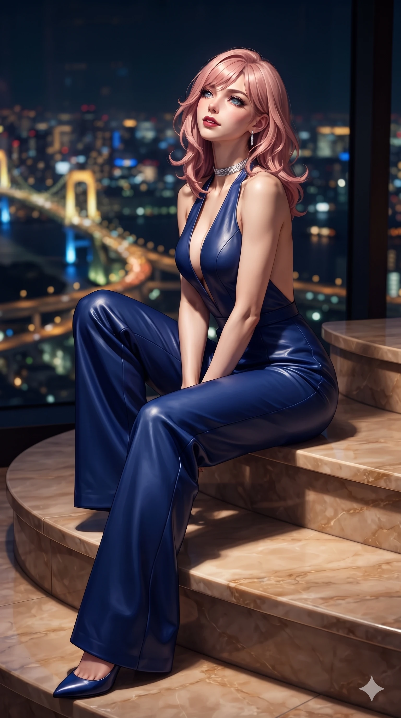 score_9, masterpiece, best quality, ultra-detailed, high-budget anime keyframe, editorial fashion photography, tasteful artistic composition, Japanese woman. low angle full-body shot from head to toe showing her feet, filling the entire 9:16 vertical frame with her statuesque presence, stretching her vertical silhouette. sitting poised on the warm marble steps with one knee bent, arching her spine with supermodel elegance as she glances upward through thick eyelashes while walking slowly along the darkened glass perimeter with feline poise, her long slender legs and curvy hips commanding the metropolitan expanse. The background shows a soft-focus infinite sprawling grid of Tokyo night lights, elevated expressway ribbons, and bay bridges blurred into gold, topaz, and sapphire bokeh. She has an exceptionally tall and slender model-like 8.5-heads proportion, an ultra-slim waist, a flat toned midriff, narrow delicate ribcage, and beautifully sculpted feminine hips creating a graceful, slim hourglass silhouette without any bulky heaviness, with impossibly long slender legs. sharp v-shaped jawline, high-bridge nose, intricate jewel-like dark sparkling eyes with dangerous depth, thick curled eyelashes, glossy parted lips with a rich wine sheen, smoldering seductive half-smile with bedroom-eyes, exuding effortless superiority and intoxicating dark allure, flawlessly proportioned anatomical accuracy, strict slender model proportions, natural body alignment, perfectly sculpted long slender limbs, ultra-slim waistline, clean dynamic posture without body distortion. wearing a plunge-front tailored velvet halter jumpsuit with wide fluid legs and backless scoop in cobalt blue floodlights and warm golden promenade streetlights, made of supple butter-soft lambskin leather with a subtle satin sheen, finished with a delicate diamond choker catching the chandelier light, the form-contouring cut accentuating her sculpted flat midriff, narrow delicate ribcage, and gracefully curvy hips with intoxicating allure. bathed in the romantic, dim ambient lounge lighting punctuated by subtle cocktail table candlelight. ultra-reflective glossy finish, specular highlights, rich textural contrasts, high-contrast stereoscopic depth, volumetric dynamic lighting, 2k, ultra detail, master piece, 9:16 ratio