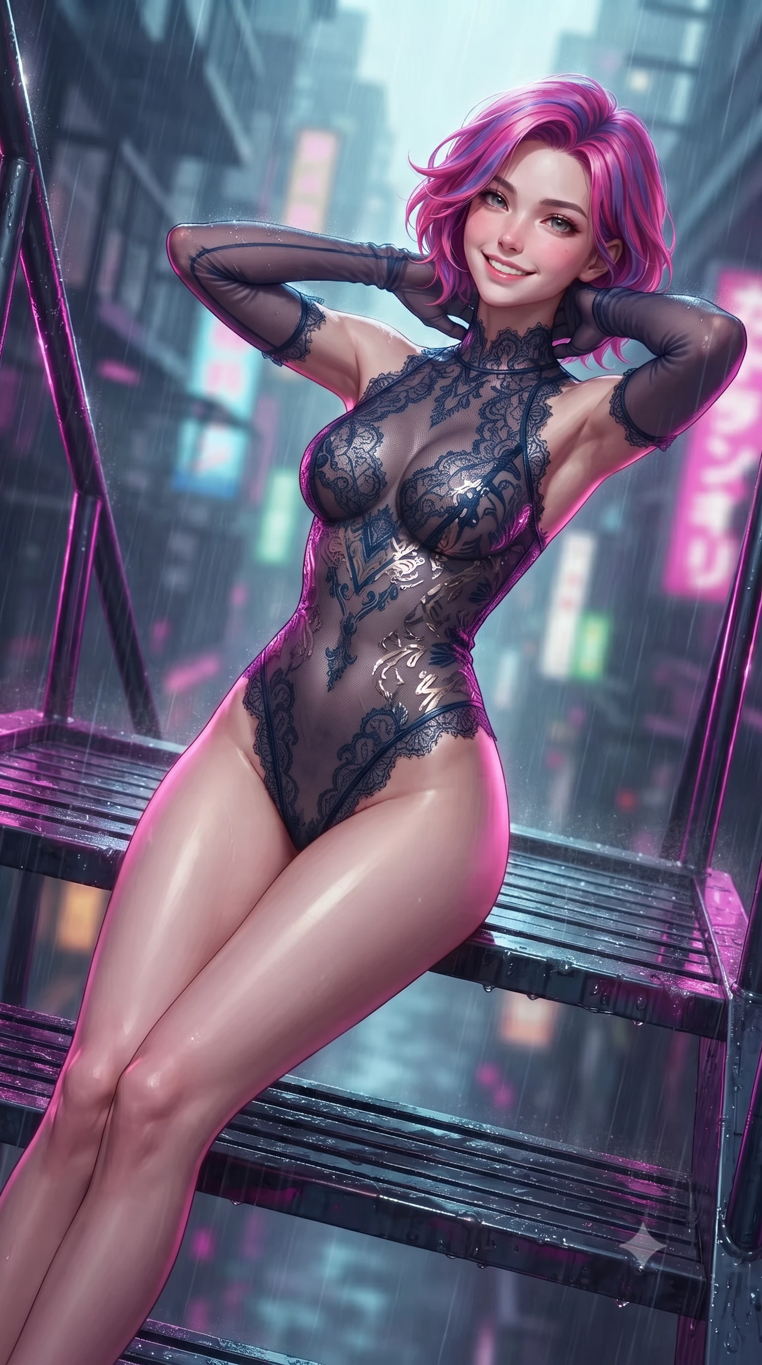 score_9, masterpiece, best quality, ultra-detailed, high-budget anime keyframe, editorial fashion photography, tasteful artistic composition, Caucasian woman. close-up cowboy shot from the waist and thighs up, the character dominates the composition, filling the frame with her large presence. resting both hands lightly behind her neck with elbows raised, arching her spine to highlight her narrow waist, flat midriff, and breathtaking collarbones while reclining gracefully on the sheltered neon-lit fire escape landing with legs extended, displaying her long slender limbs and statuesque hourglass silhouette amid rain-washed cyber-chaos. The background shows a soft-focus fine acid rain mist softened in cyberpunk Shinjuku alley canyon shallow focus. She has an exceptionally elegant, slender, and willowy female figure with an ultra-slim waist, flat toned midriff, narrow ribcage, and sculpted feminine hips creating an alluring, slim hourglass silhouette without bulk. sharp v-shaped jawline, high-bridge nose, intricate jewel-like sparkling eyes with depth, thick eyelashes, glossy parted lips with a natural peach sheen, bright cheerful beaming smile with an enchanting and coquettish sensual glint, exuding both youthful cute charm and seductive allure, flawlessly proportioned anatomical accuracy, strict slender model proportions, natural body alignment, perfectly sculpted long slender limbs, ultra-slim waistline, clean dynamic posture without body distortion. wearing a provocative sheer-illusion tactical combat bodysuit with strategic metallic foil flocking and high-cut leg openings in tactical carbon navy and polished chrome, made of delicate semi-sheer French Chantilly lace with intricate eyelash edges, complemented by sheer opera-length evening gloves tracing her slender arms, the liquid-tight tailored fabric clinging flawlessly to her narrow waist and rounded feminine hips, emphasizing every millimeter of her sculpted slim hourglass curves without any bulky heaviness. illuminated by wet metal reflection bounce and sharp neon-magenta rim lights defining her razor-sharp jawline, narrow waist, and curvy hips. ultra-reflective glossy finish, specular highlights, rich textural contrasts, high-contrast stereoscopic depth, volumetric dynamic lighting, 2k, ultra detail, master piece, 9:16 ratio