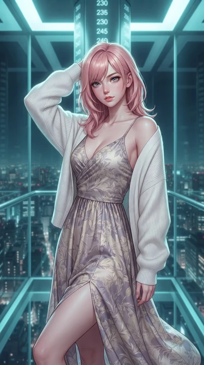 score_9, masterpiece, best quality, ultra-detailed, high-budget anime keyframe, editorial fashion photography, tasteful artistic composition, Japanese woman. close-up cowboy shot from the waist and thighs up, the character dominates the composition, 