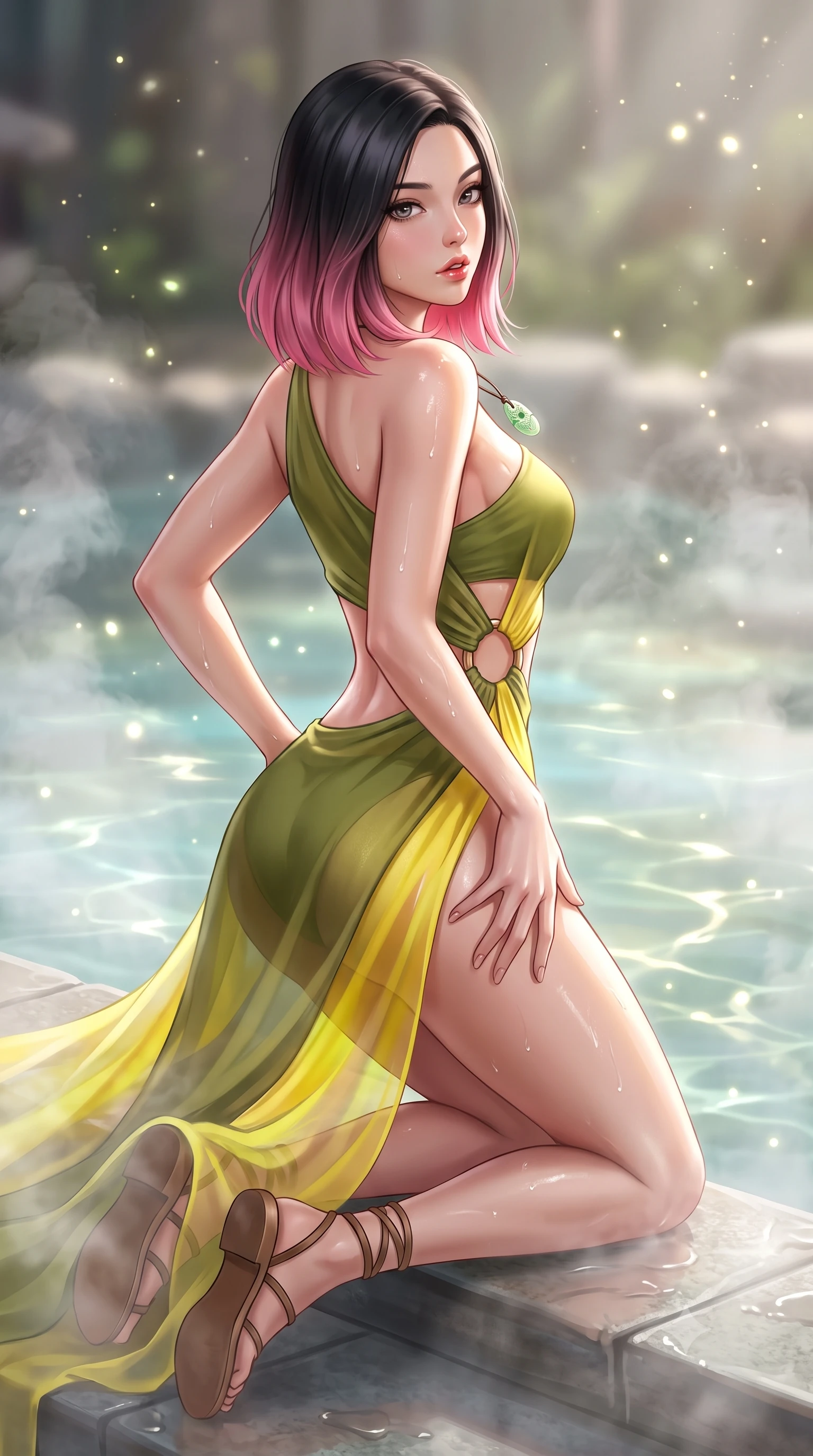 score_9, masterpiece, best quality, ultra-detailed, high-budget anime keyframe, semi-realistic 3D game render, editorial fashion photography, tasteful artistic composition, Korean woman. close-up cowboy shot from the waist and thighs up, the character dominates the composition, filling the frame with her large presence. posing in an alluring rear three-quarter angle, arching her lower back in a pronounced S-curve with one hand on her hip, glancing seductively over her bare shoulder with parted glossy lips while kneeling gracefully on a wet stone pool step with one hand on her hip, thermal steam rising to caress her feminine curves. The composition keeps background elements in soft focus with creamy bokeh. shimmering pool caustics and floating pollen motes scattering ethereal luminescent sparkles. She has an exceptionally elegant, slender, and willowy female figure with an ultra-slim waist, a gracefully sculpted slender torso, toned flat midriff, and rounded feminine hips creating an alluring hourglass silhouette. sharp v-shaped jawline, high-bridge nose, intricate jewel-like eyes with depth, thick eyelashes, glossy parted lips with a natural sheen, intensely captivating and seductive bedroom-eyes expression, flawlessly proportioned anatomical accuracy, strict slender model proportions, natural body alignment, perfectly sculpted long slender limbs, ultra-slim waistline, clean dynamic posture without body distortion. wearing a modern water-nymph one-shoulder gown with an exposed midriff ring cutout and floating chiffon skirt in olive leaf green and bright solar yellow, crafted from weightless prism organza that refracts light with every motion, accessorized with minimalist leather wrap sandals and a carved jade pendant, the glove-like aerodynamic silhouette tightly following the natural contour of her hips and long slender legs with statuesque precision. illuminated by wet specular highlights accentuating her slender neckline, sculpted waist, and rounded hips. highly saturated vibrant anime colors, detailed shading with soft gradients, rich glossy textures, high-contrast stereoscopic depth, volumetric dynamic lighting, master piece, 9:16 ratio