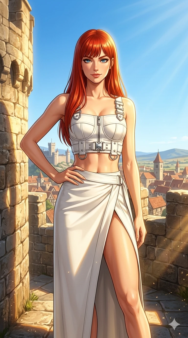 score_9, masterpiece, best quality, ultra-detailed, high-budget anime keyframe, editorial fashion photography, tasteful artistic composition, Caucasian woman, strictly human ears. cowboy shot from the thighs up, character and outfit filling the frame for maximum editorial presence. posing with bright, confident self-assurance, one hand on her hip standing on a high stone tower of a medieval wall. She has an absolutely perfect 8-heads proportion, an exceptionally tall and slender female figure with impossibly long slender legs and an ultra-slim waist. V-shaped jawline, high-bridge nose, intricate jewel-like eyes with depth, thick eyelashes, glossy lips with a natural sheen. wearing a structured white crop top with chrome hardware and high-slit wrap skirt. drenched in brilliant midday sunshine casting sharp, warm rays on her figure. 2k, ultra detail, master piece, 9:16 ratio