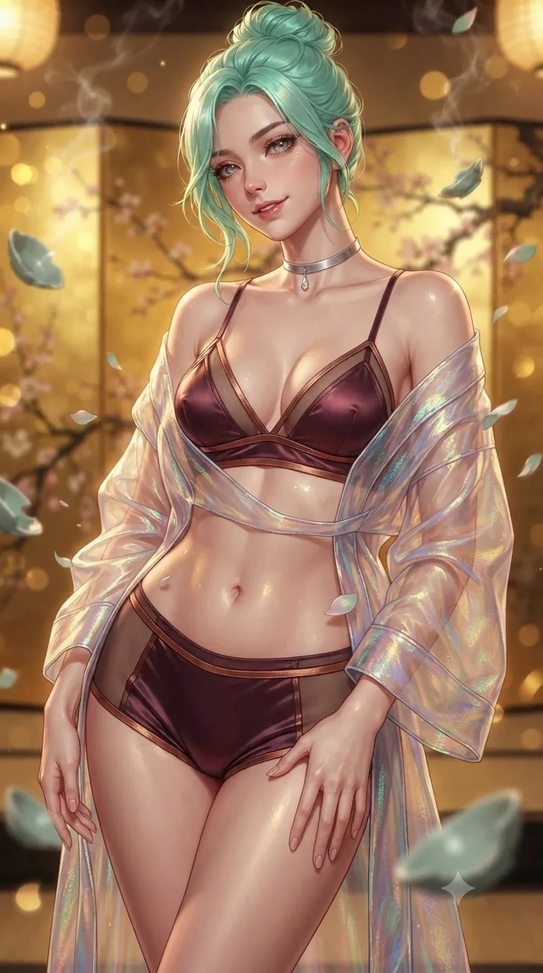 score_9, masterpiece, best quality, ultra-detailed, high-budget anime keyframe, editorial fashion photography, tasteful artistic composition, Japanese woman. close-up cowboy shot from the waist and thighs up, the character dominates the composition, filling the frame with her large presence. tilting her head with a teasing half-smile, running one hand slowly down the side of her hip in a flirtatious S-curve as ambient light caresses her silhouette while twisting her slender torso in an alluring S-curve between floating ceramic petals, warm gilded reflections tracing her flat midriff and hourglass curves. The background shows a soft-focus shimmering gold-leaf folding screens painted with cherry branches, floating celadon ceramic fragments, and drifting incense smoke blurred into gold, jade, and peat bokeh. She has an exceptionally elegant, slender, and willowy female figure with an ultra-slim waist, flat toned midriff, narrow ribcage, and sculpted feminine hips creating an alluring, slim hourglass silhouette without bulk. sharp v-shaped jawline, high-bridge nose, intricate jewel-like sparkling eyes with depth, thick eyelashes, glossy parted lips with a natural peach sheen, bright cheerful beaming smile with an enchanting and coquettish sensual glint, exuding both youthful cute charm and seductive allure, flawlessly proportioned anatomical accuracy, strict slender model proportions, natural body alignment, perfectly sculpted long slender limbs, ultra-slim waistline, clean dynamic posture without body distortion. wearing a translucent iridescent organza kimono robe slipping off bare shoulders over a matching satin micro-bralette and micro-shorts in deep burgundy and bronze accents, featuring strategic sheer-illusion tulle side panels framing her ribcage and hips, finished with a minimalist chrome choker and a single teardrop diamond pendant, the form-contouring silhouette accentuating her sculpted flat midriff, narrow delicate ribcage, and gracefully curvy hips with intoxicating allure. bathed in the warm radiant 2400K glow of concealed paper lanterns reflecting off polished gold leaf. ultra-reflective glossy finish, specular highlights, rich textural contrasts, high-contrast stereoscopic depth, volumetric dynamic lighting, 2k, ultra detail, master piece, 9:16 ratio