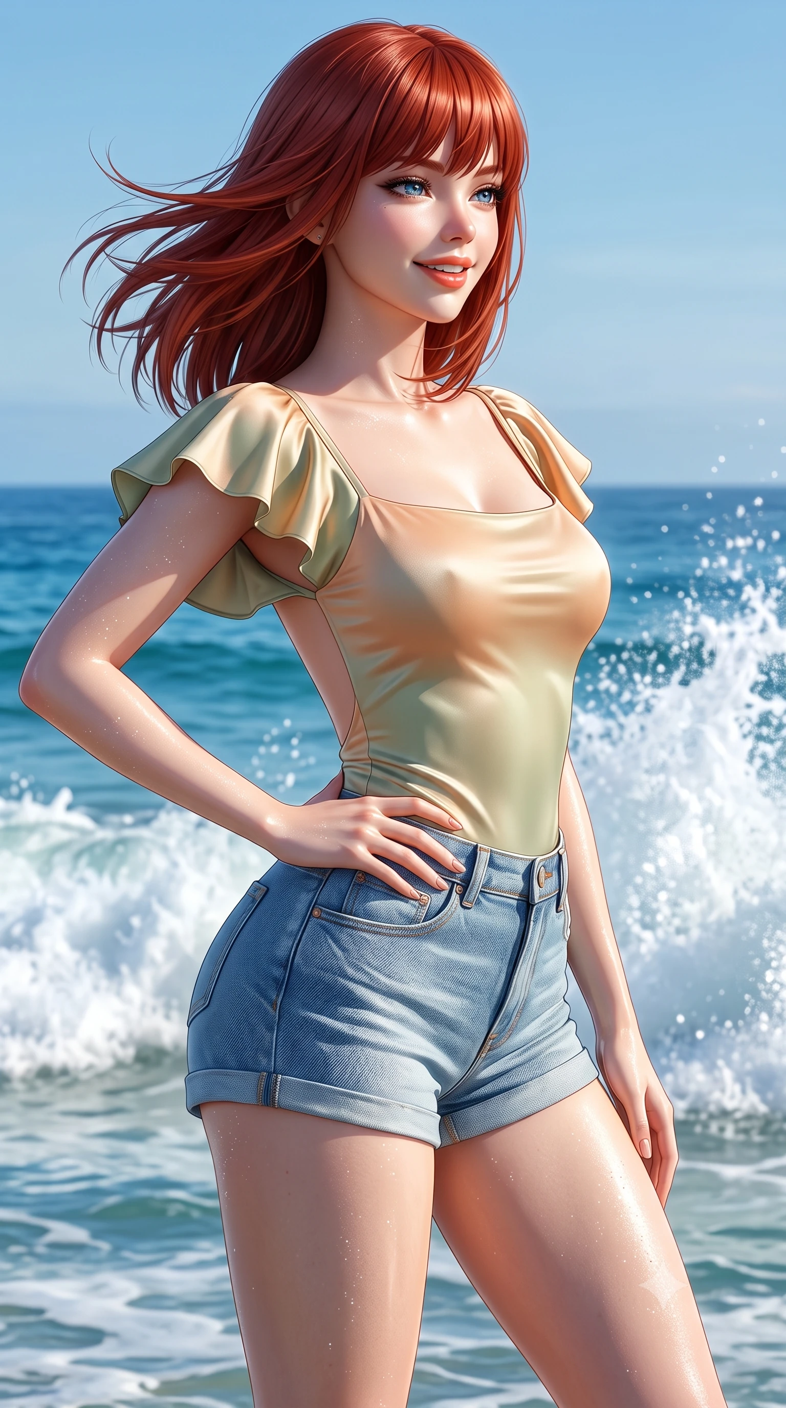 score_9, masterpiece, best quality, ultra-detailed, high-budget anime keyframe, semi-realistic 3D game render, editorial fashion photography, tasteful artistic composition, Caucasian woman. close-up cowboy shot from the waist and thighs up, the character dominates the composition, filling the frame with her large presence. twisting her slender torso in an alluring contrapposto stance, one hand resting on her sculpted hip while flashing a radiant, playful smile with parted glossy lips while turning in an alluring dancer S-curve as ocean trade winds whip her hair, gazing toward crashing white surf with parted glossy lips. The surrounding environment is rendered in vivid detail and crisp panoramic clarity. detailed sporty chic outfit weave, glistening sun spray on skin, and Pacific horizon clarity in high resolution. She has an exceptionally elegant, slender, and willowy female figure with an ultra-slim waist, flat toned midriff, narrow ribcage, and sculpted feminine hips creating an alluring, slim hourglass silhouette without bulk. sharp v-shaped jawline, high-bridge nose, intricate jewel-like sparkling eyes with depth, thick eyelashes, glossy parted lips with a natural peach sheen, bright cheerful beaming smile with an enchanting and coquettish sensual glint, exuding both youthful cute charm and seductive allure, flawlessly proportioned anatomical accuracy, strict slender model proportions, natural body alignment, perfectly sculpted long slender limbs, ultra-slim waistline, clean dynamic posture without body distortion. wearing a second-skin stretch cotton camisole romper with high-cut leg openings and an open back in soft apricot and sage green, made of smooth fluid silk satin with a delicate pearlescent sheen, featuring elegant flutter sleeves and a graceful square neckline, the glove-like silhouette tightly following the natural contour of her hips and long slender legs with youthful 8.5-heads elegance. illuminated by intense specular sea reflections sharply carving her razor-sharp jawline, narrow waist, and curvy hips. highly saturated vibrant anime colors, detailed shading with soft gradients, rich glossy textures, high-contrast stereoscopic depth, volumetric dynamic lighting, master piece, 9:16 ratio