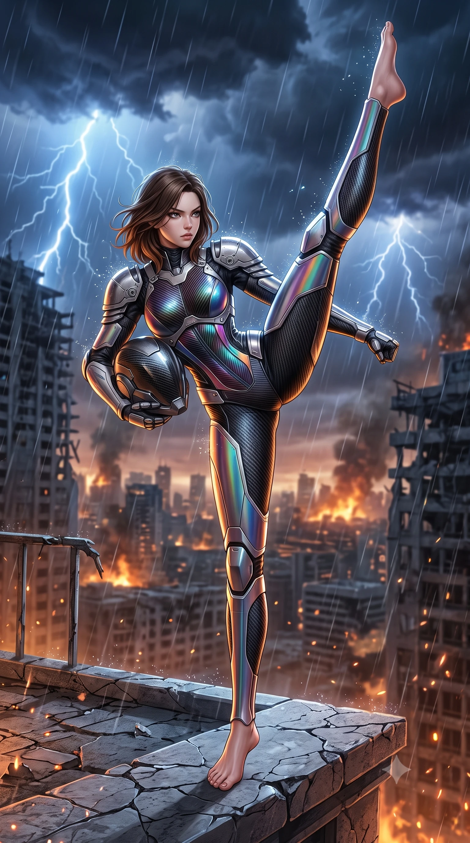 score_9, masterpiece, best quality, ultra-detailed, high-budget anime keyframe, semi-realistic 3D game render, editorial fashion photography, tasteful artistic composition, Korean woman. low angle full-body shot from head to toe showing her feet, filling the entire 9:16 vertical frame with her statuesque presence, stretching her vertical silhouette. executing a breathtaking zero-gravity high-kick with full 180-degree vertical extension, her impossibly long slender legs dominating the frame with razor-sharp poise while standing poised on the cracked edge of a shattered skyscraper balcony overlooking a burning dystopian megacity under dark storm clouds. The composition keeps background elements in soft focus with creamy bokeh. sparkling rain streaks and HUD visor holographic glints scattering light motes across a ruined backdrop. She has an absolutely perfect, statuesque 8.5-heads proportion, an exceptionally tall and slender model-like female figure with impossibly long slender legs, a toned flat midriff, and an ultra-slim waist. sharp v-shaped jawline, high-bridge nose, intricate jewel-like eyes with depth, thick eyelashes, glossy lips with a natural sheen, fierce and resolute heroine expression, flawlessly proportioned anatomical accuracy, strict slender model proportions, natural body alignment, perfectly sculpted long slender limbs, ultra-slim waistline, clean dynamic posture without body distortion. holding a modular carbon battle-helmet under one arm, her flawless face and sculpted neck exposed to the rain with determined warrior focus, paired with a statuesque high-fashion cyber-warrior armor suit with platinum bevels, heavy articulated shoulder guards, and an ultra-slim waist-cinching corset in high-gloss iridescent rainbow carbon with scorched titanium plating, crafted from ultra-strong woven carbon-fiber composite with battle-tested satin luster, complemented by criss-cross back harness straps highlighting her completely bare spine, the liquid-tight tailored fabric emphasizing every curve of her tall, slender model proportions and sculptured silhouette during dynamic movement. bathed in ominous amber horizon fire glow and cold blue storm lightning flashes. rich saturated anime colors with glowing neon highlights, detailed shading with soft gradients, rich glossy textures, high-contrast stereoscopic depth, volumetric dynamic lighting, master piece, 9:16 ratio