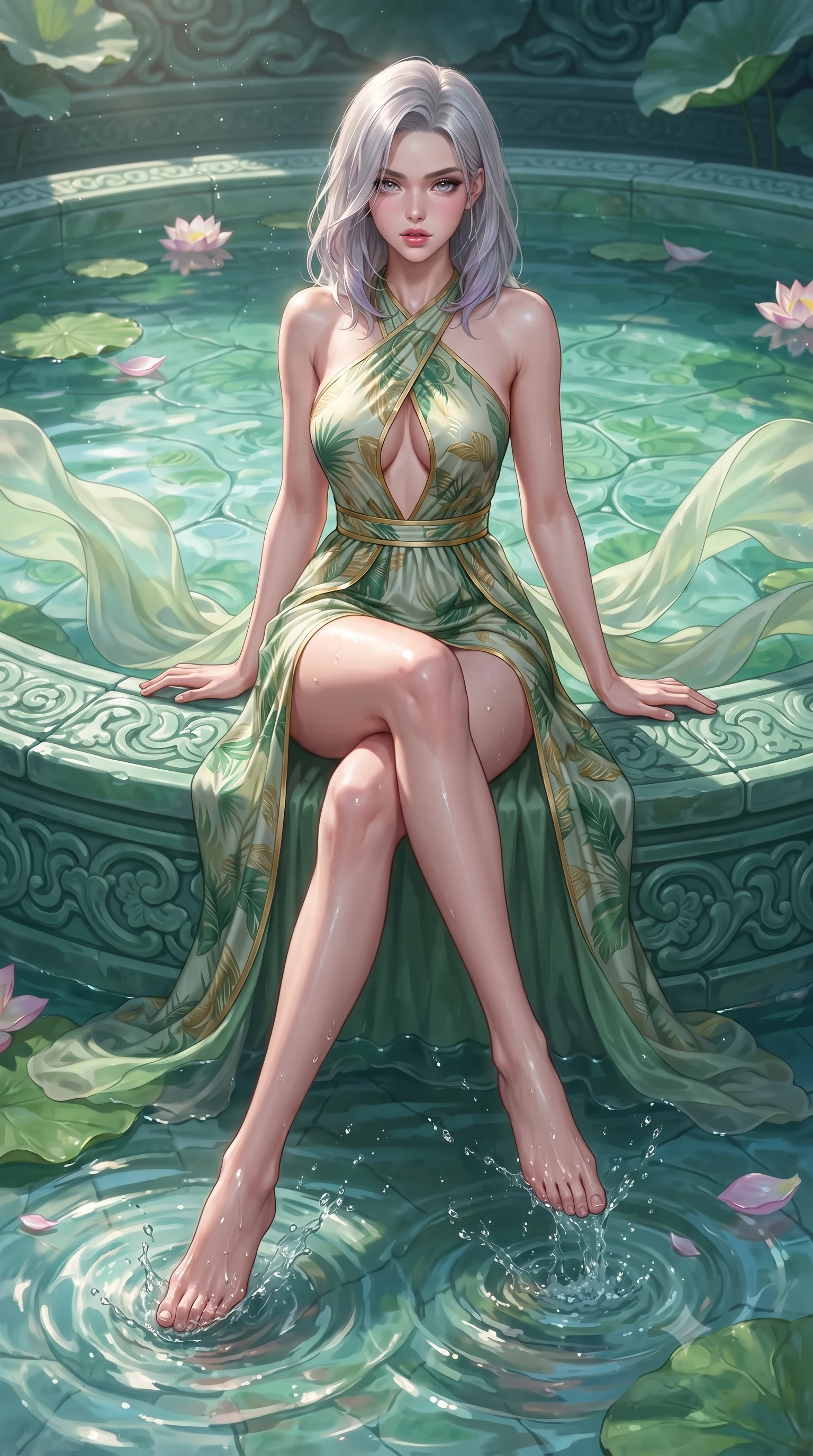 score_9, masterpiece, best quality, ultra-detailed, high-budget anime keyframe, editorial fashion photography, tasteful artistic composition, Caucasian woman. low angle full-body shot from head to toe showing her feet, filling the entire 9:16 vertical frame with her statuesque presence, stretching her vertical silhouette. sitting poised on the elevated edge with legs crossed and extended, her tall 8.5-heads proportions dominating the scene with effortless poise while wading lightly into the shallow lotus pool, water splashing around her slender ankles in glittering droplets. The surrounding environment is rendered in vivid detail and crisp panoramic clarity. sharp water surface tension ripples, carved jade pool tiling, and floating lotus petal veins in deep focus. She has an absolutely perfect, statuesque 8.5-heads proportion, an exceptionally tall and slender model-like female figure with impossibly long slender legs, a toned flat midriff, and an ultra-slim waist. sharp v-shaped jawline, high-bridge nose, intricate jewel-like eyes with depth, thick eyelashes, glossy parted lips with a natural sheen, intensely captivating and seductive expression, flawlessly proportioned anatomical accuracy, strict slender model proportions, natural body alignment, perfectly sculpted long slender limbs, ultra-slim waistline, clean dynamic posture without body distortion. wearing an open-waist botanical print silk maxi gown with crossed halter straps and bare back in fresh palm green and liquid gold trim, made of flexible bio-polymer knit with second-skin elasticity, finished with flowing sheer chiffon train panels floating in the breeze, the lightweight liquid-knit fabric adhering like a second skin to her slender frame, highlighting her effortless sun-kissed charm. surrounded by a fresh, captivating, and delightfully invigorating summer muse aura. ultra-reflective glossy finish, specular highlights, rich textural contrasts, high-contrast stereoscopic depth, volumetric dynamic lighting, 2k, ultra detail, master piece, 9:16 ratio